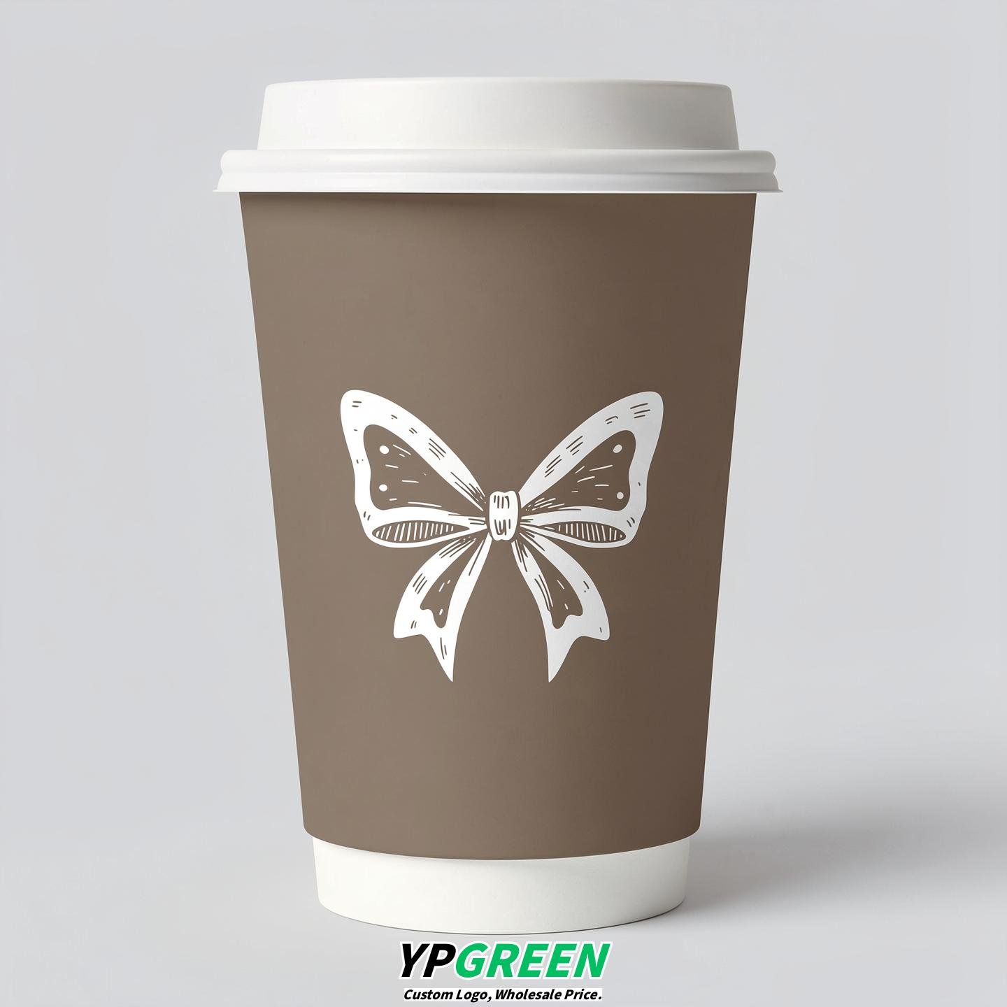 Taupe Paper Cups with Bow Logo & Lids 8-24oz