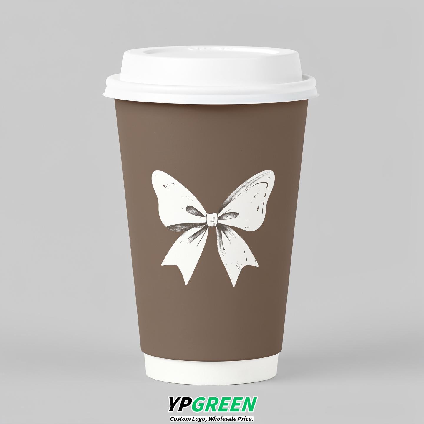 Taupe Paper Cups with Bow Logo & Lids 8-24oz