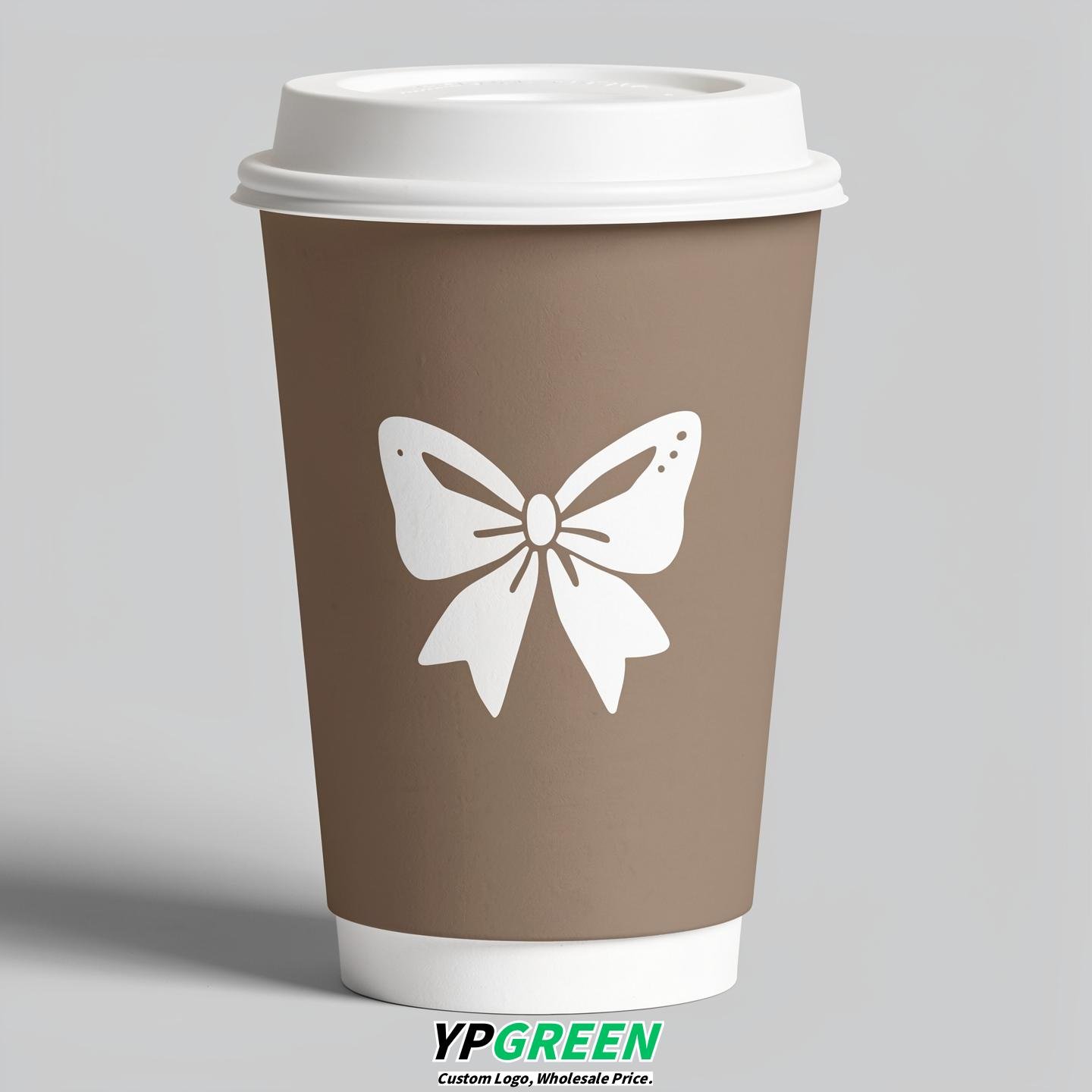 Taupe Paper Cups with Bow Logo & Lids 8-24oz