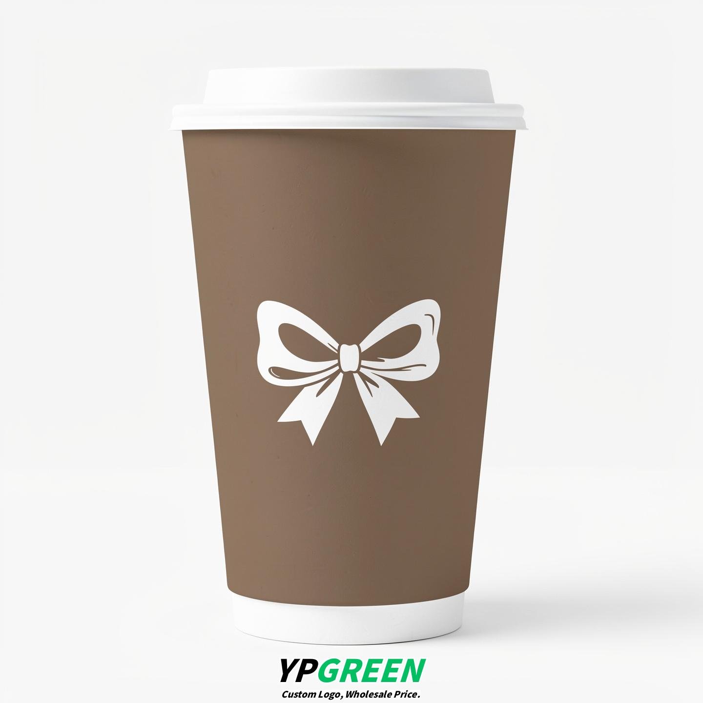 Taupe Paper Cups with Bow Logo & Lids 8-24oz