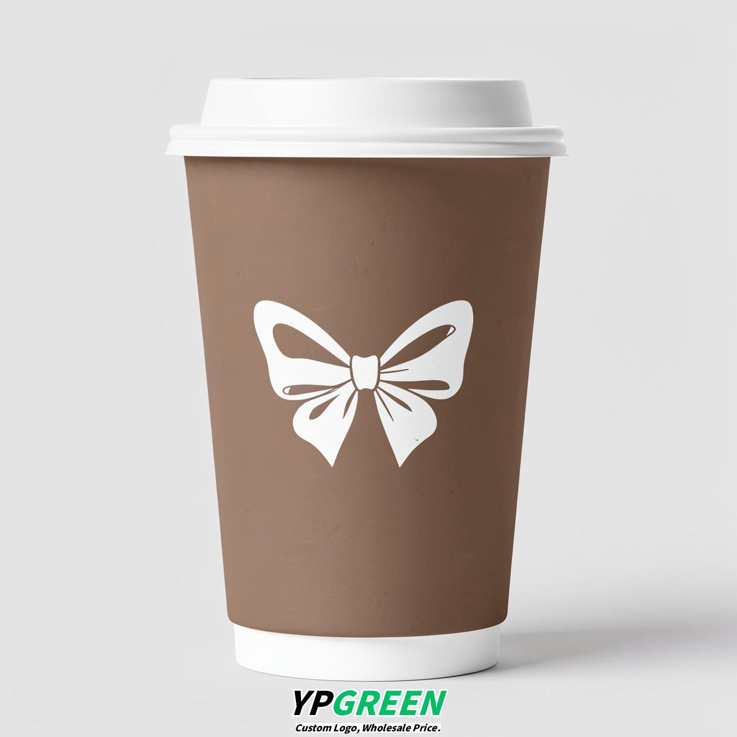 Taupe Paper Cups with Bow Logo & Lids 8-24oz
