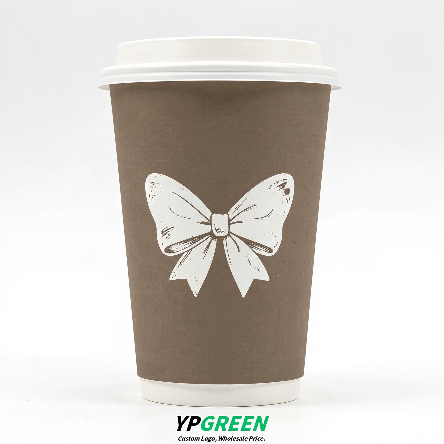 Taupe Paper Cups with Bow Logo & Lids 8-24oz