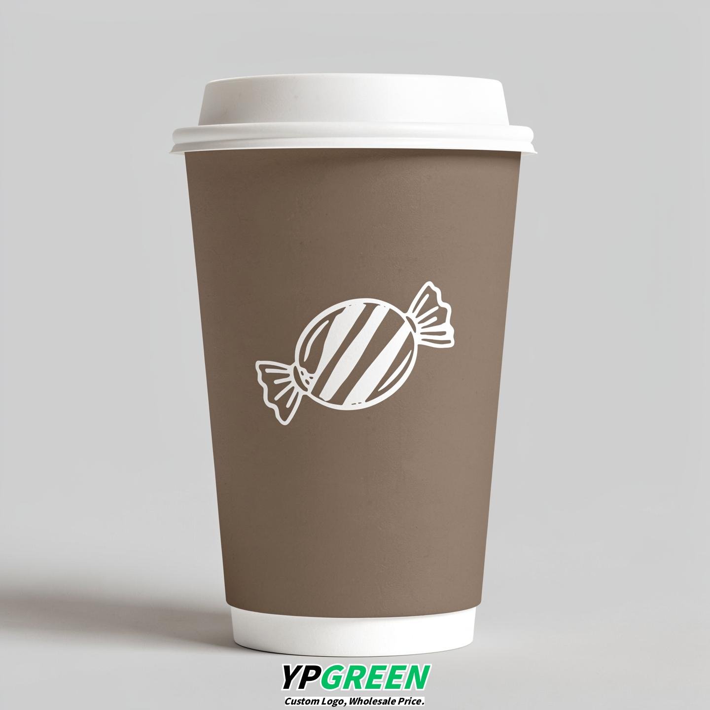 Taupe Paper Cups with Candy Logo & Lids 8-24oz