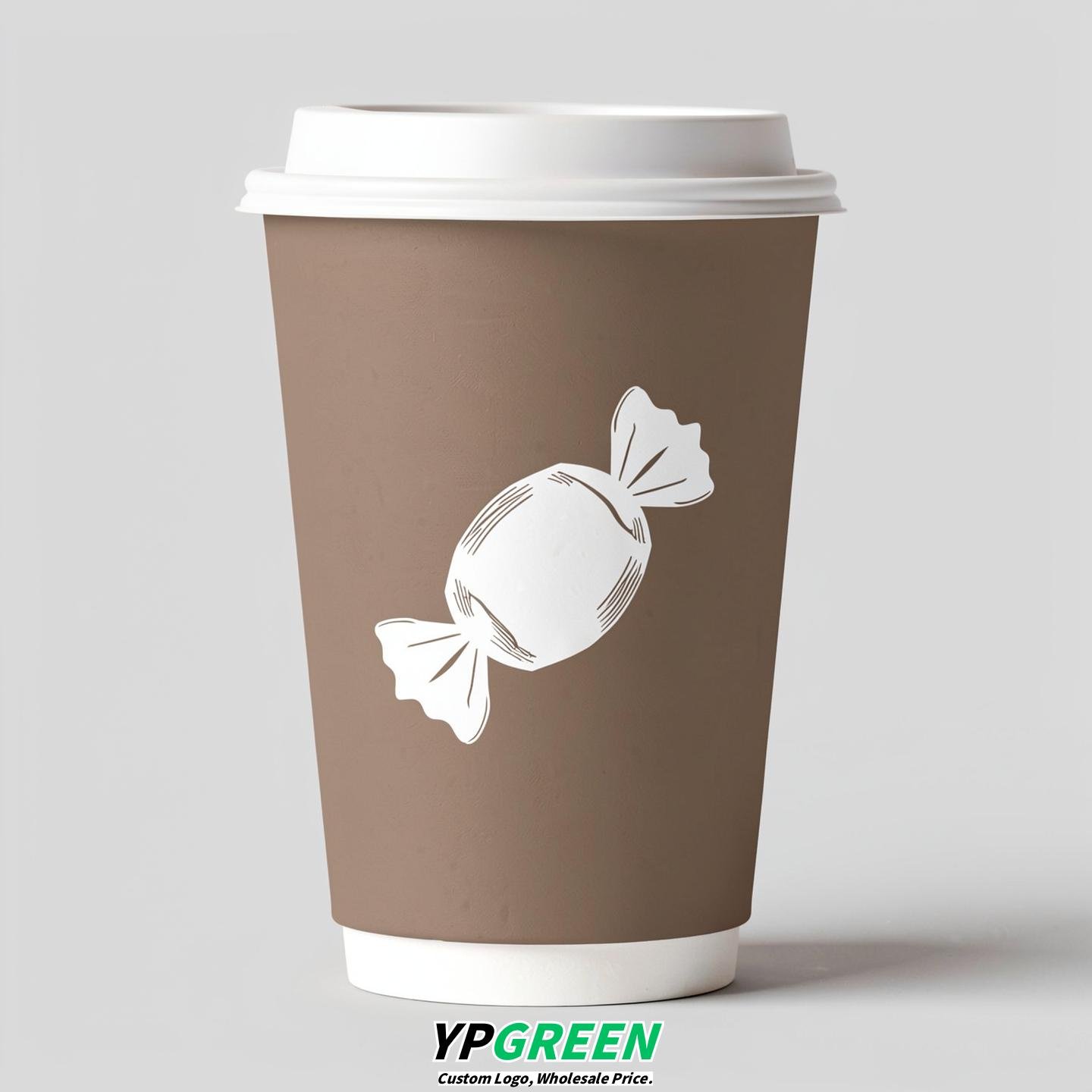 Taupe Paper Cups with Candy Logo & Lids 8-24oz