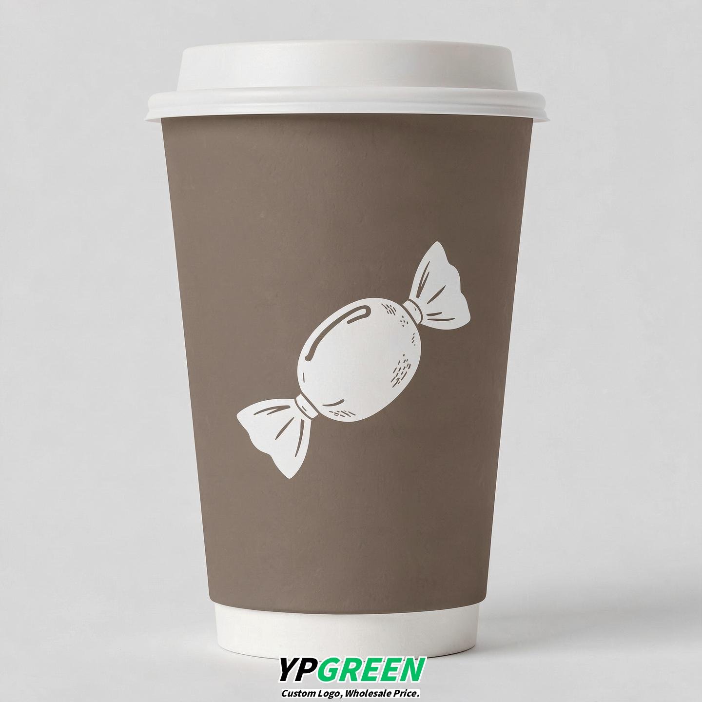 Taupe Paper Cups with Candy Logo & Lids 8-24oz