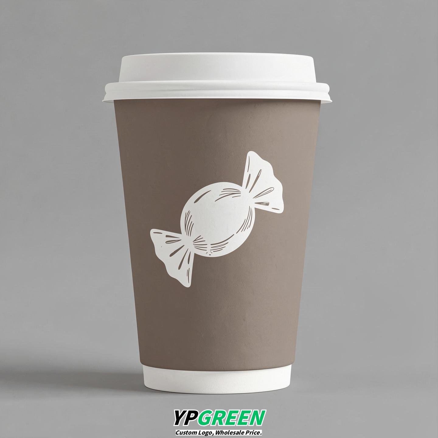 Taupe Paper Cups with Candy Logo & Lids 8-24oz