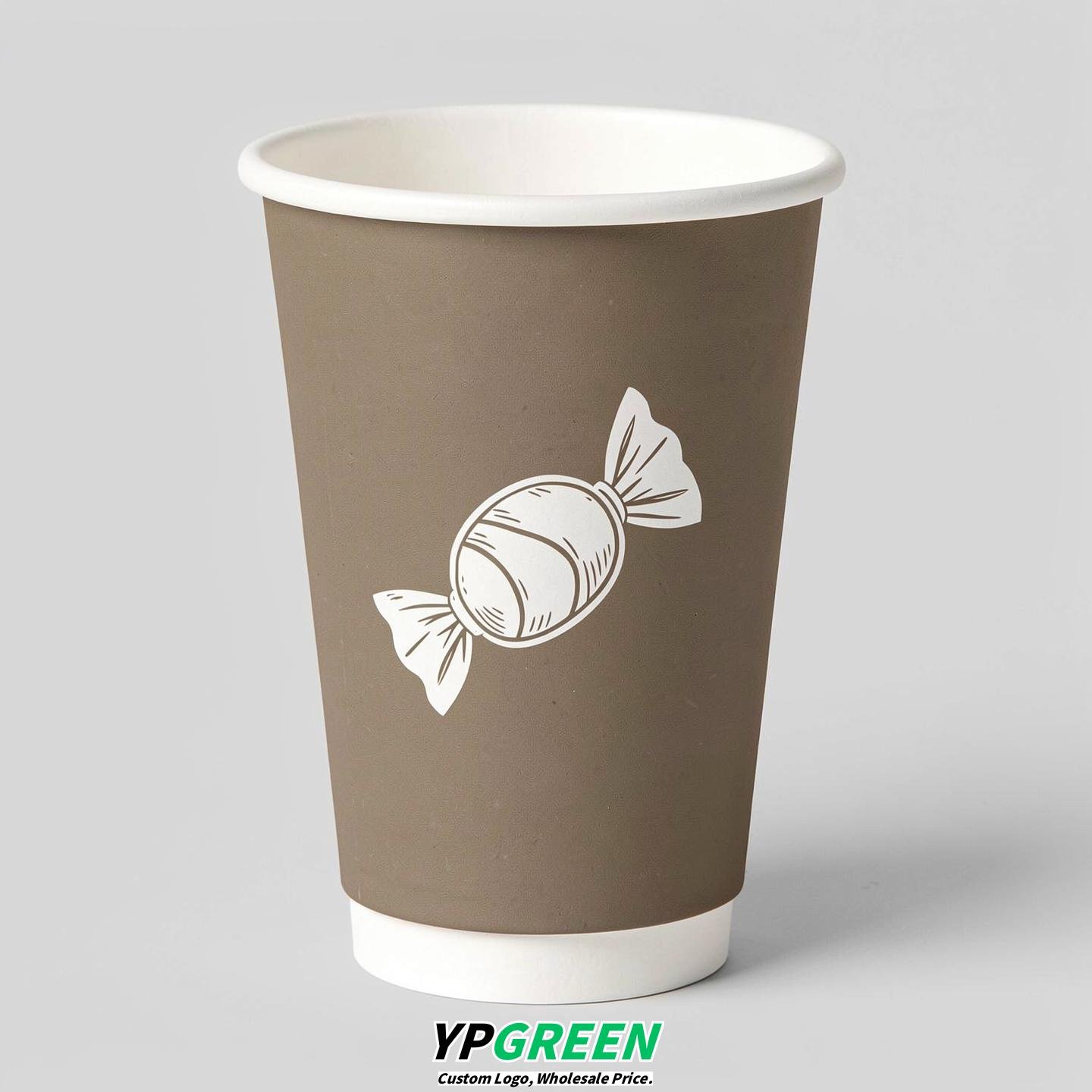 Taupe Paper Cups with Candy Logo & Lids 8-24oz