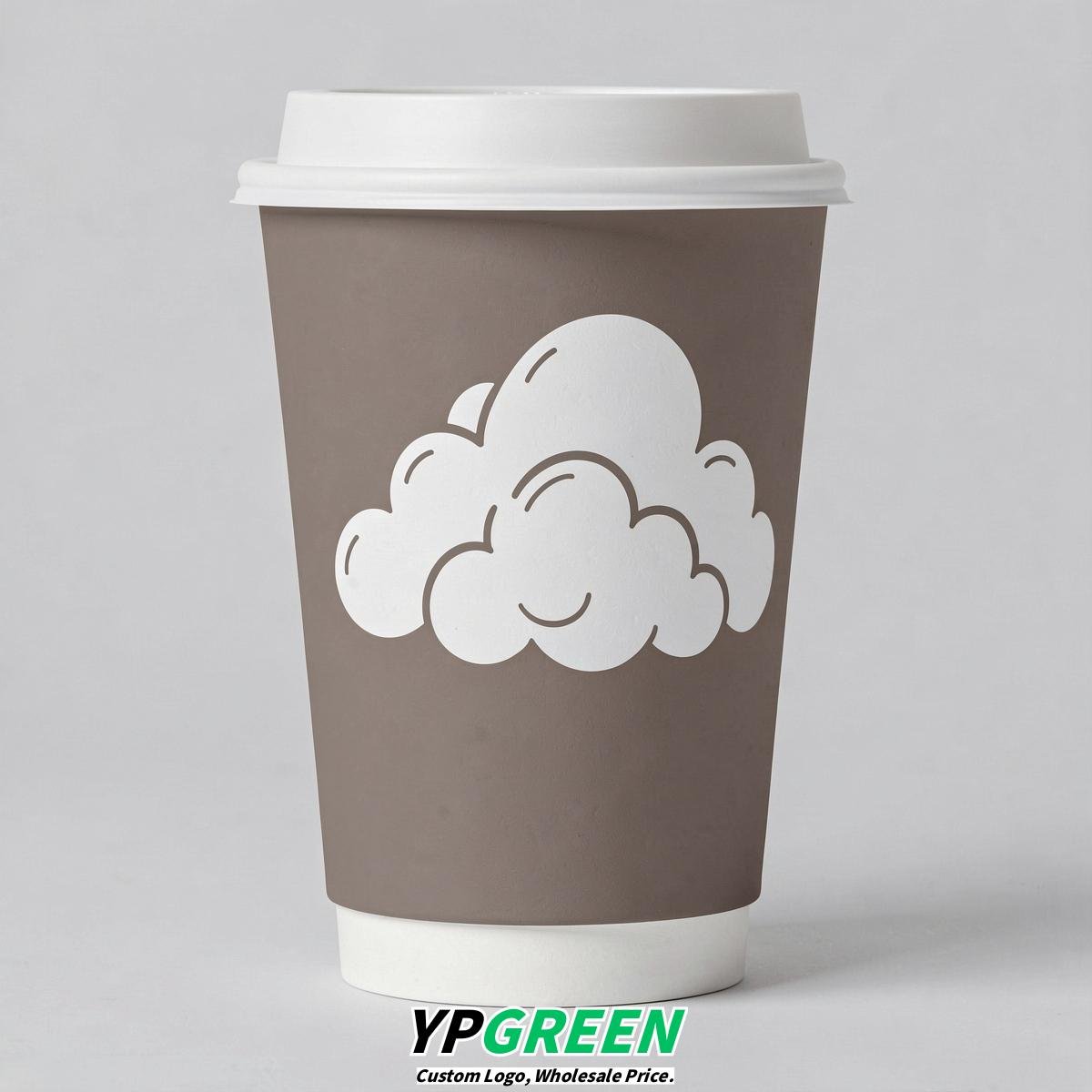 Taupe Paper Cups with Clouds Logo & Lids 8-24oz