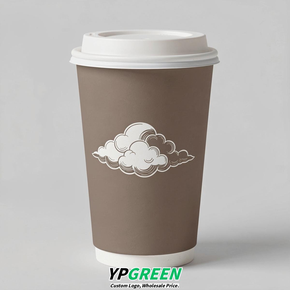 Taupe Paper Cups with Clouds Logo & Lids 8-24oz