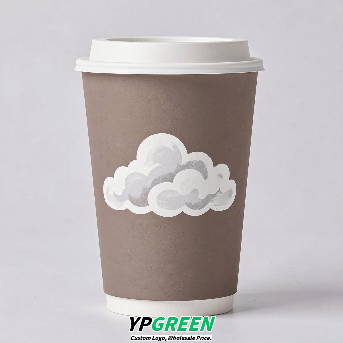 Taupe Paper Cups with Clouds Logo & Lids 8-24oz