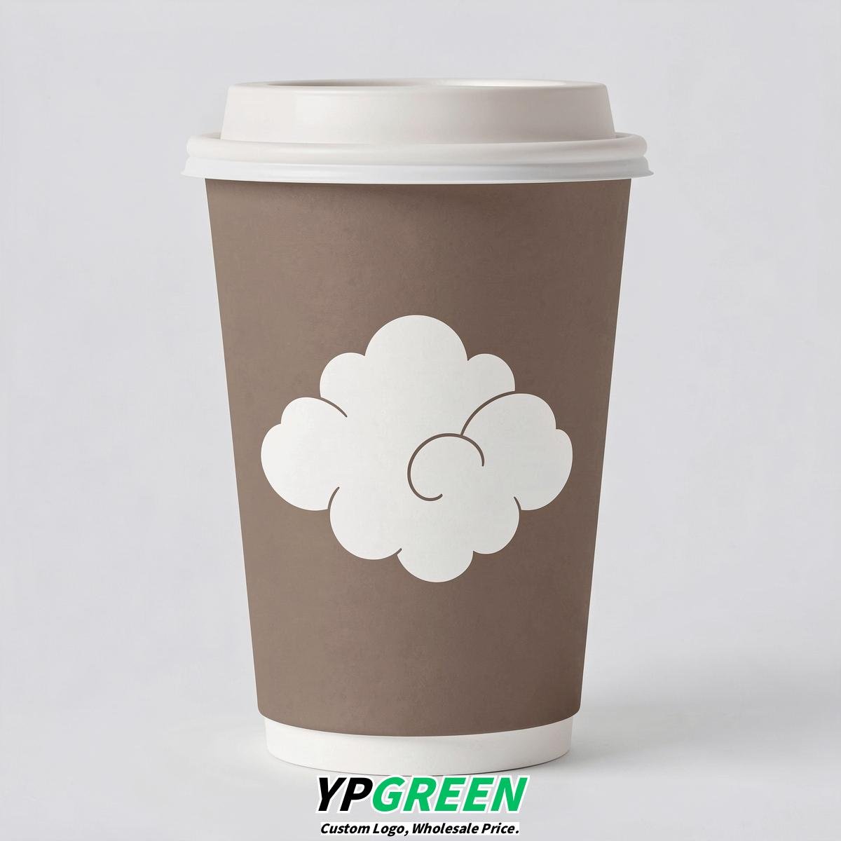 Taupe Paper Cups with Clouds Logo & Lids 8-24oz