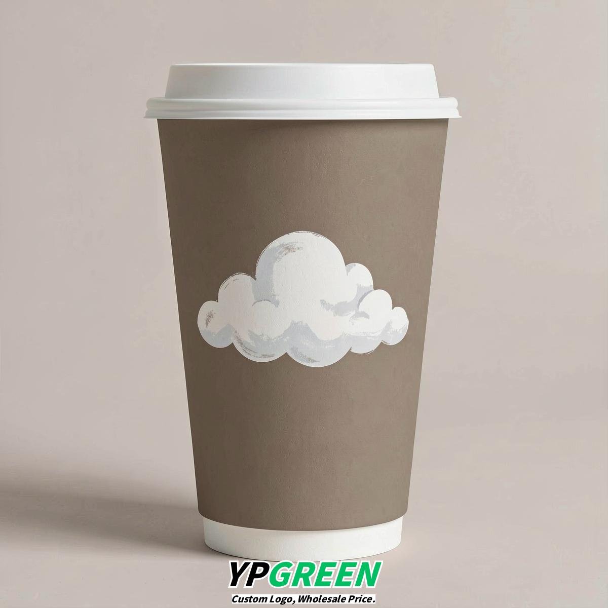 Taupe Paper Cups with Clouds Logo & Lids 8-24oz