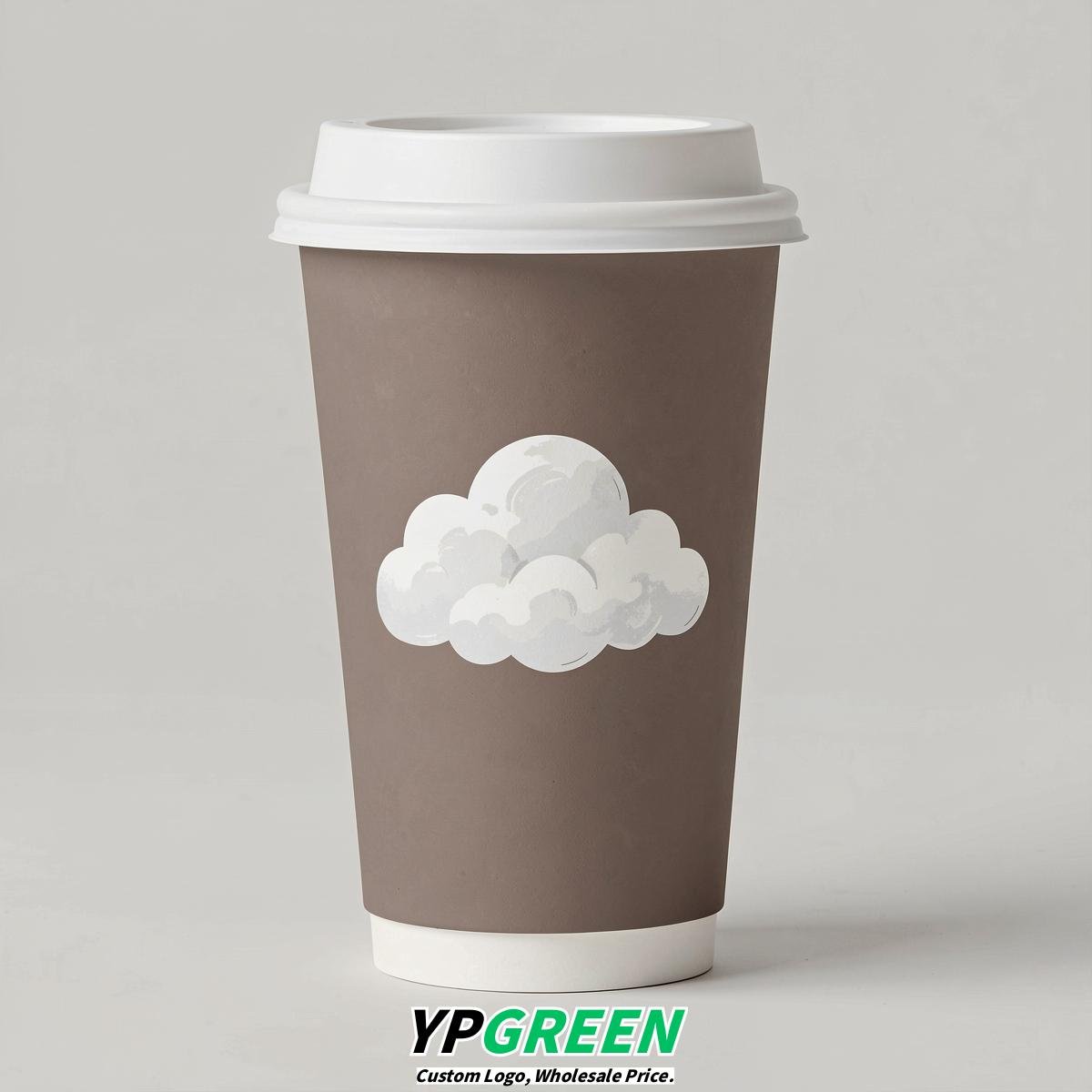 Taupe Paper Cups with Clouds Logo & Lids 8-24oz