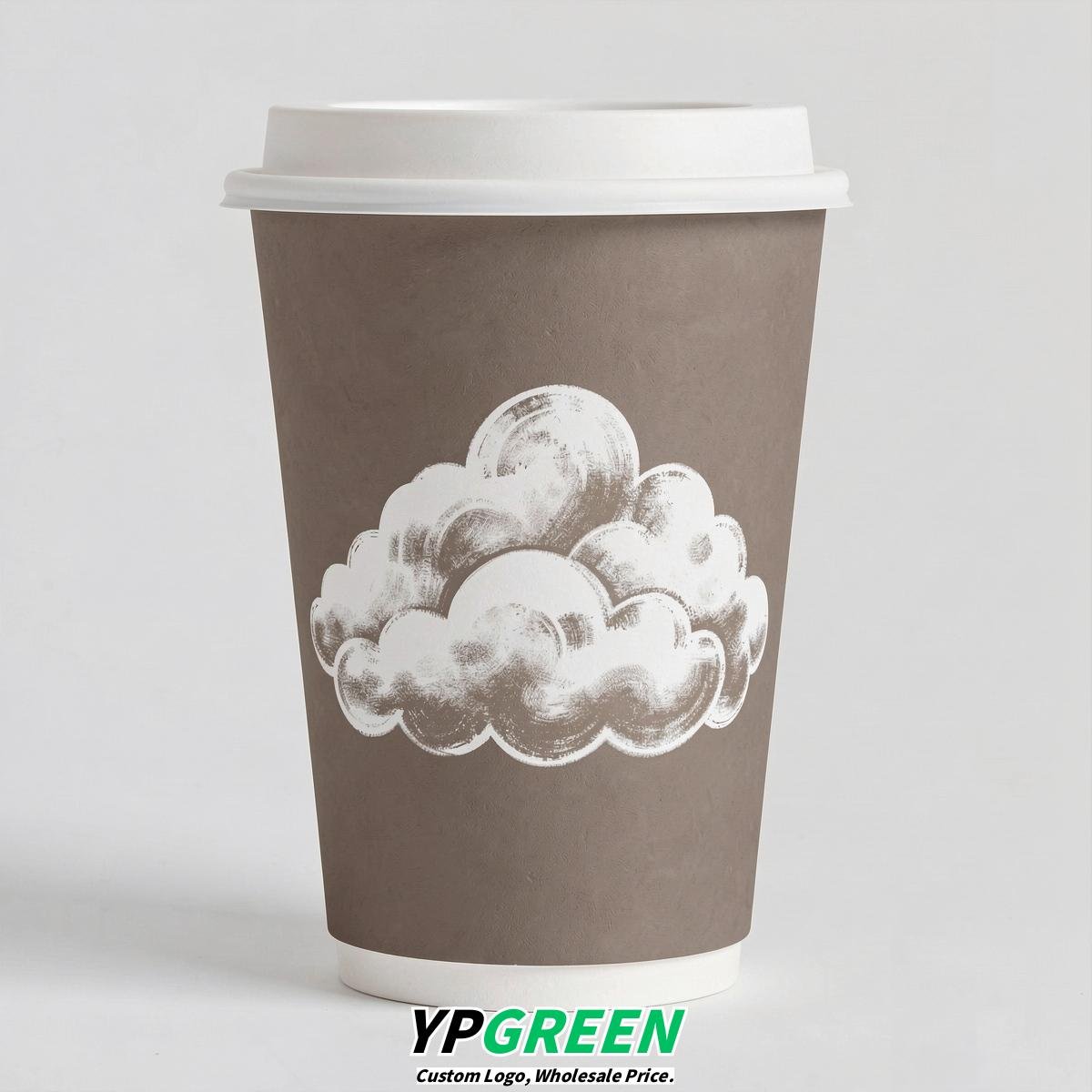 Taupe Paper Cups with Clouds Logo & Lids 8-24oz