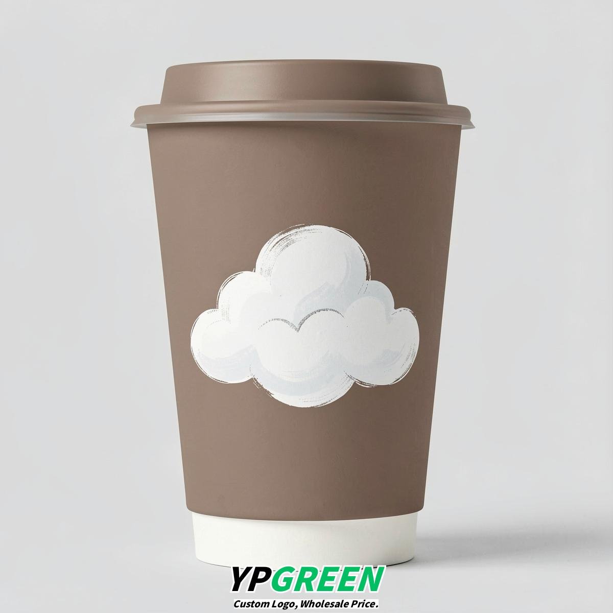 Taupe Paper Cups with Clouds Logo & Lids 8-24oz