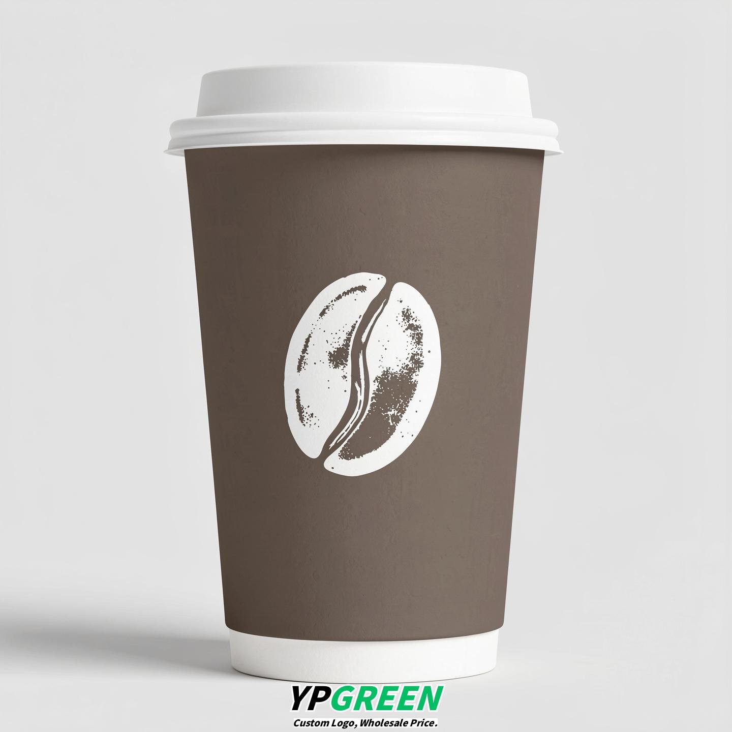 Taupe Paper Cups with Coffee Bean Logo & Lids 8-24oz