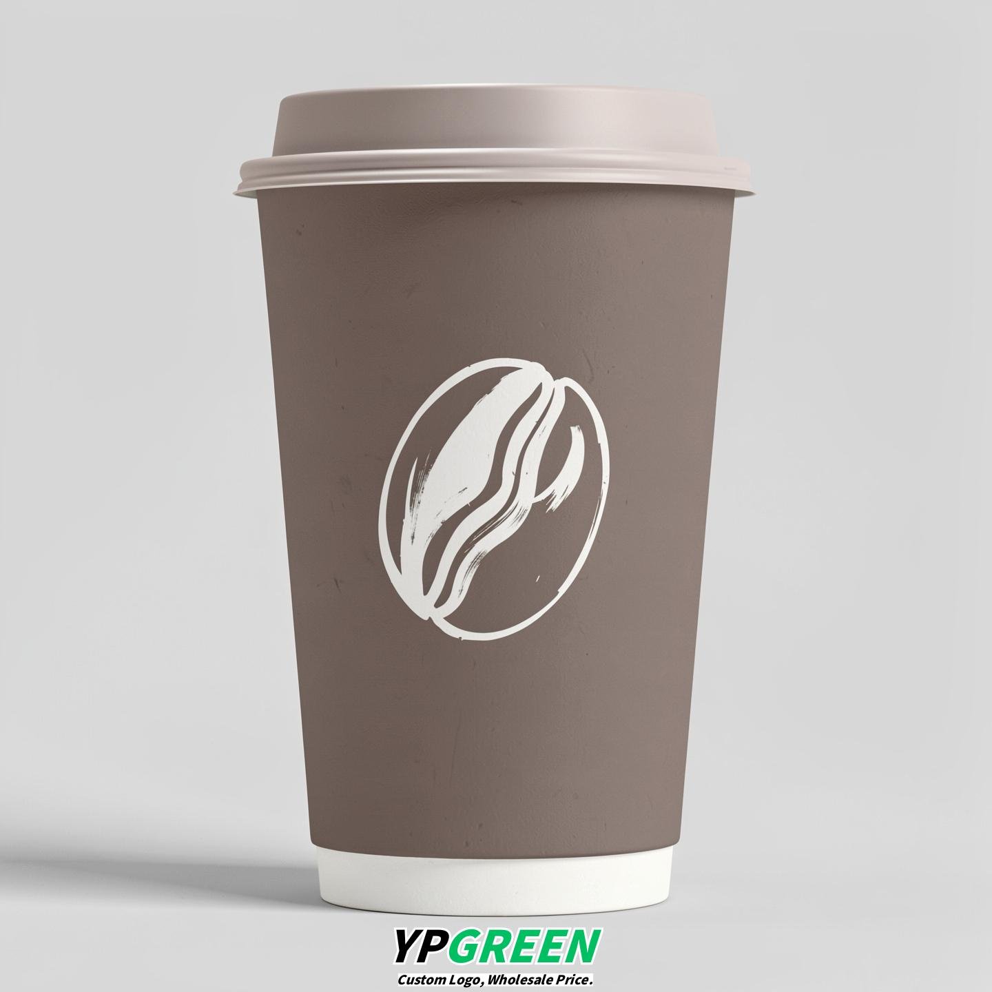 Taupe Paper Cups with Coffee Bean Logo & Lids 8-24oz