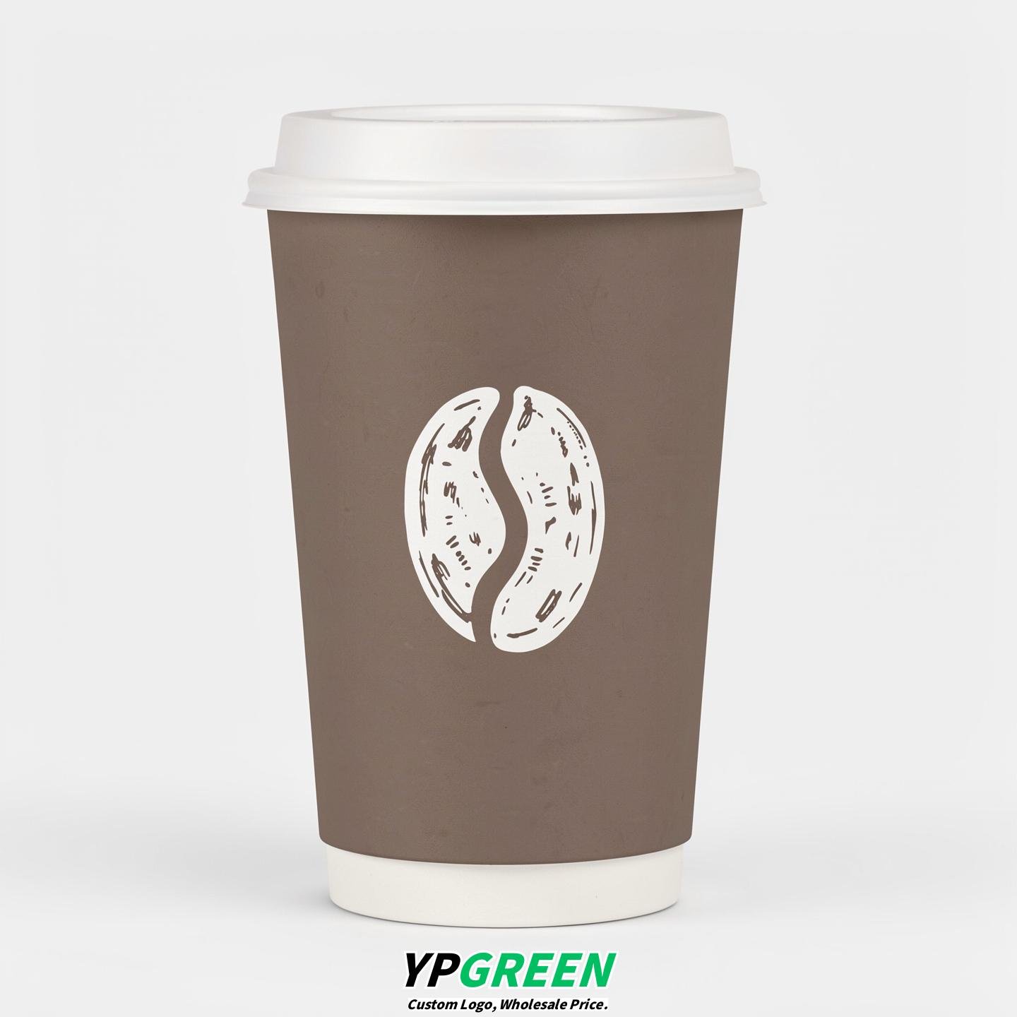 Taupe Paper Cups with Coffee Bean Logo & Lids 8-24oz