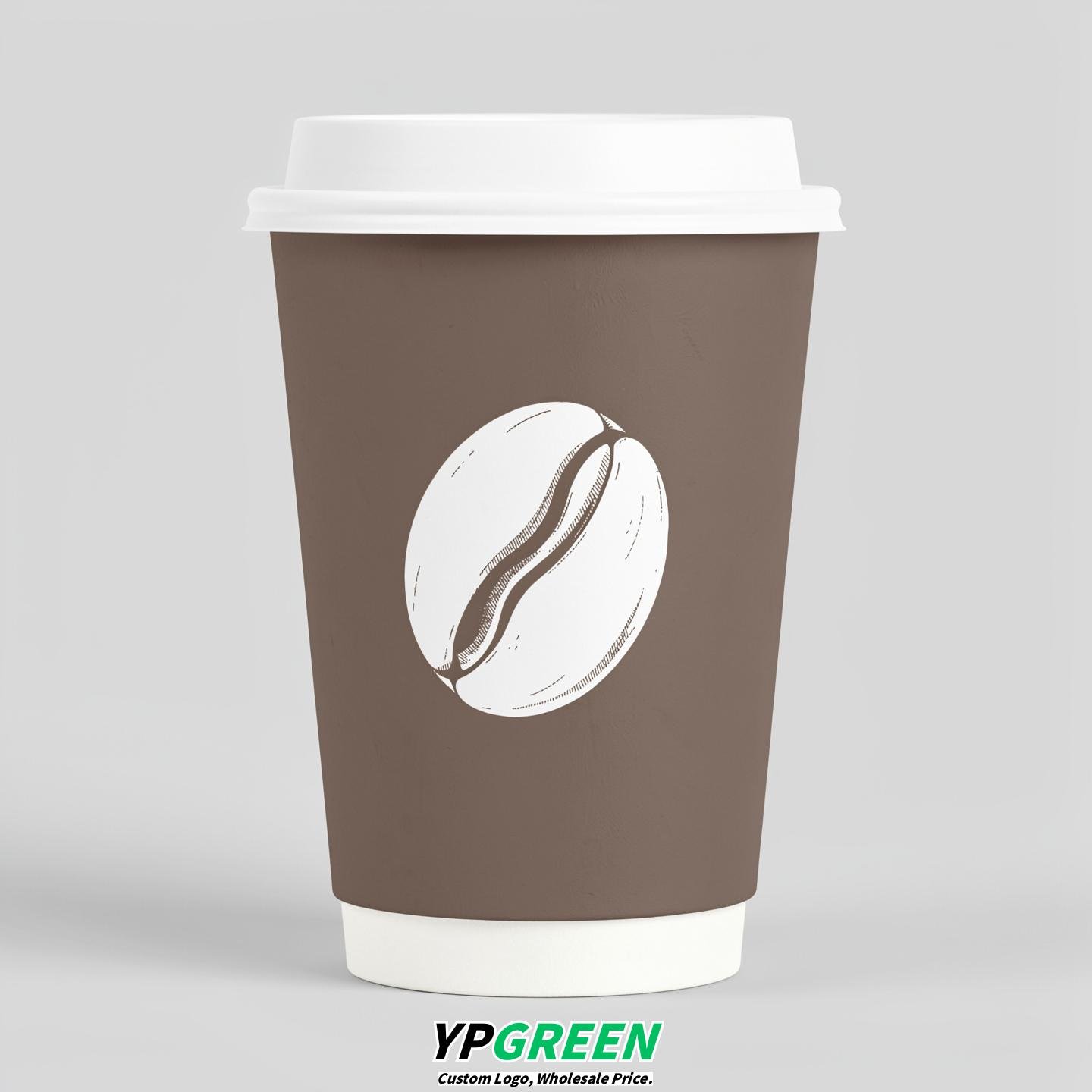 Taupe Paper Cups with Coffee Bean Logo & Lids 8-24oz