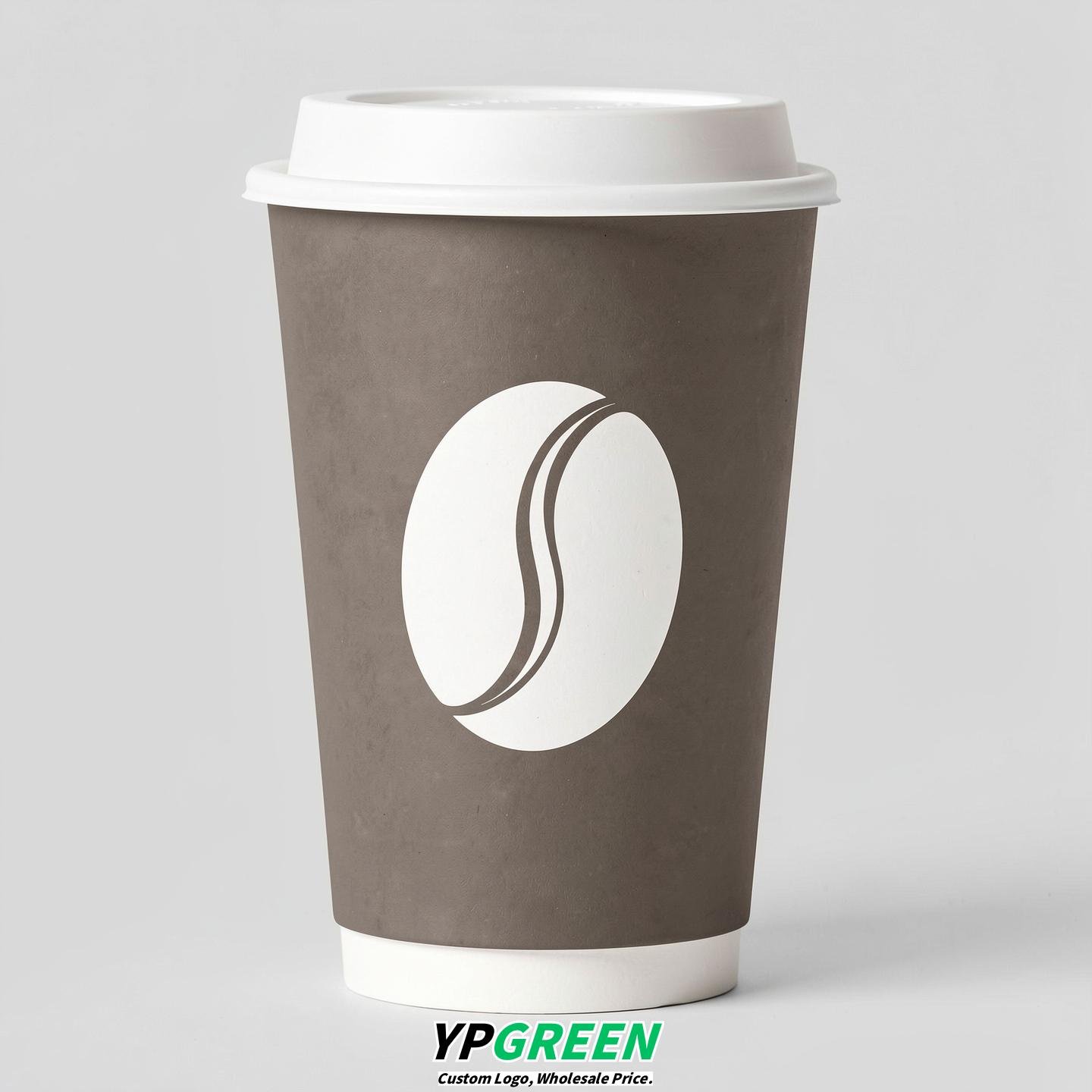 Taupe Paper Cups with Coffee Bean Logo & Lids 8-24oz