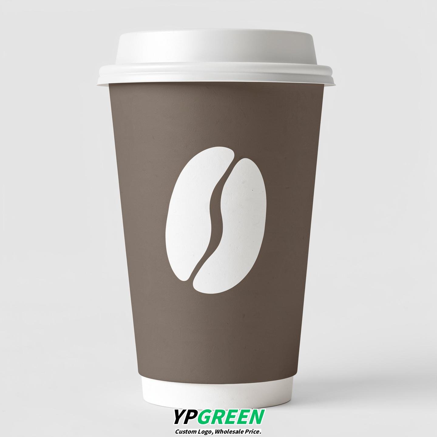 Taupe Paper Cups with Coffee Bean Logo & Lids 8-24oz