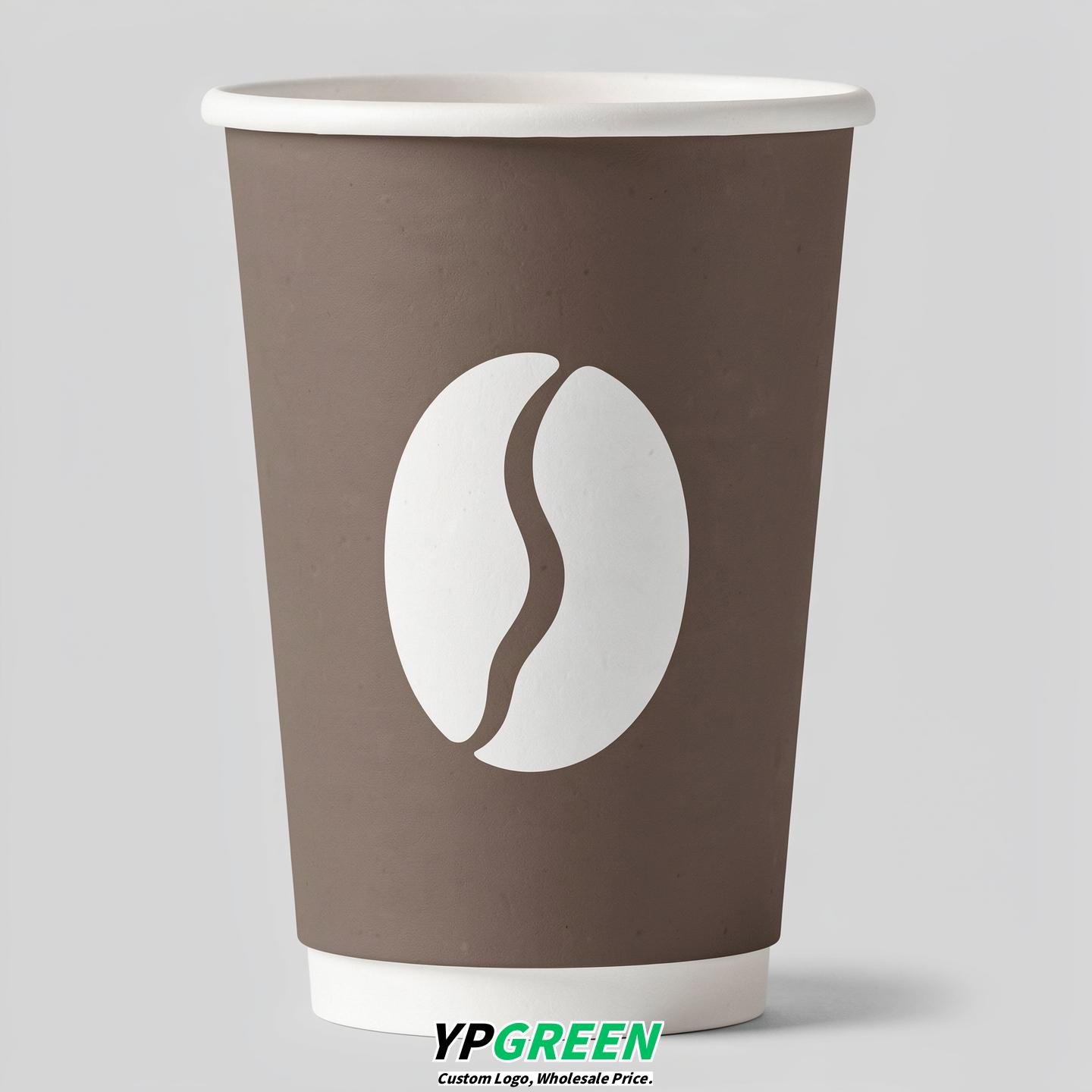 Taupe Paper Cups with Coffee Bean Logo & Lids 8-24oz