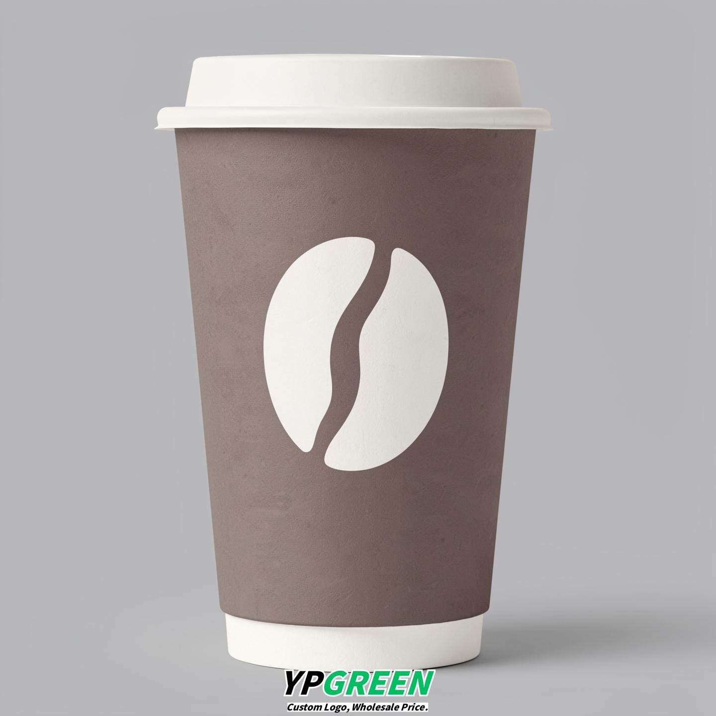 Taupe Paper Cups with Coffee Bean Logo & Lids 8-24oz Taupe Paper Cups with Coffee Bean Logo & Lids 8-24oz