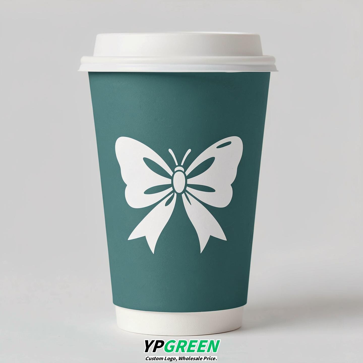 Teal Paper Cups with Bow Logo & Lids 8-24oz