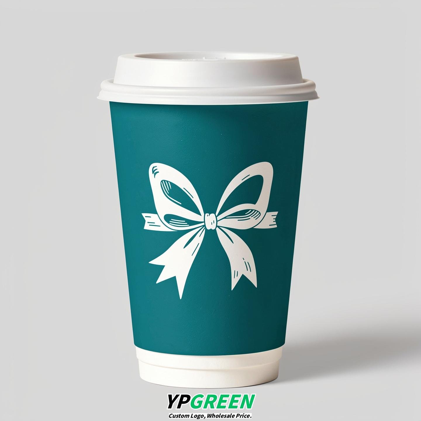 Teal Paper Cups with Bow Logo & Lids 8-24oz