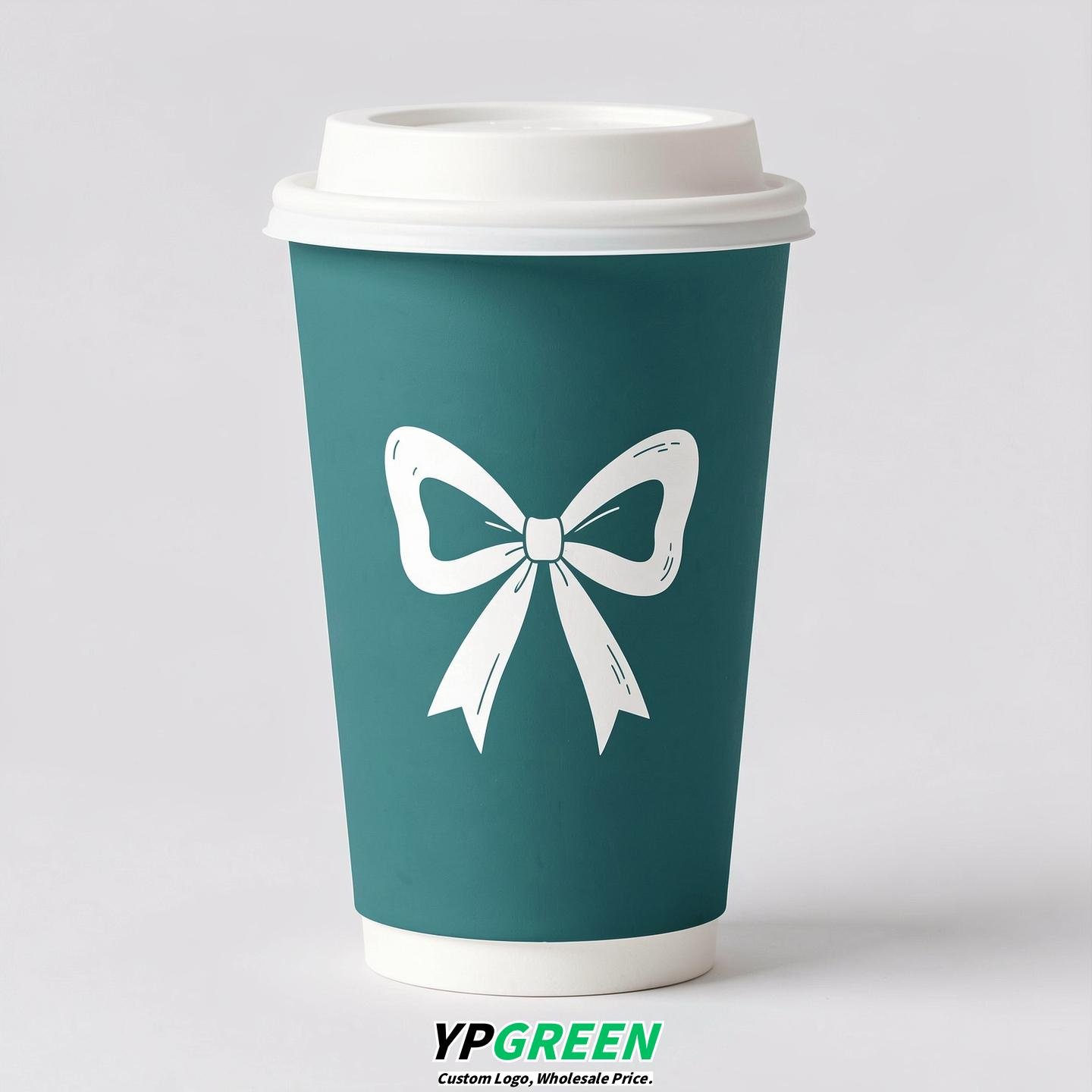 Teal Paper Cups with Bow Logo & Lids 8-24oz