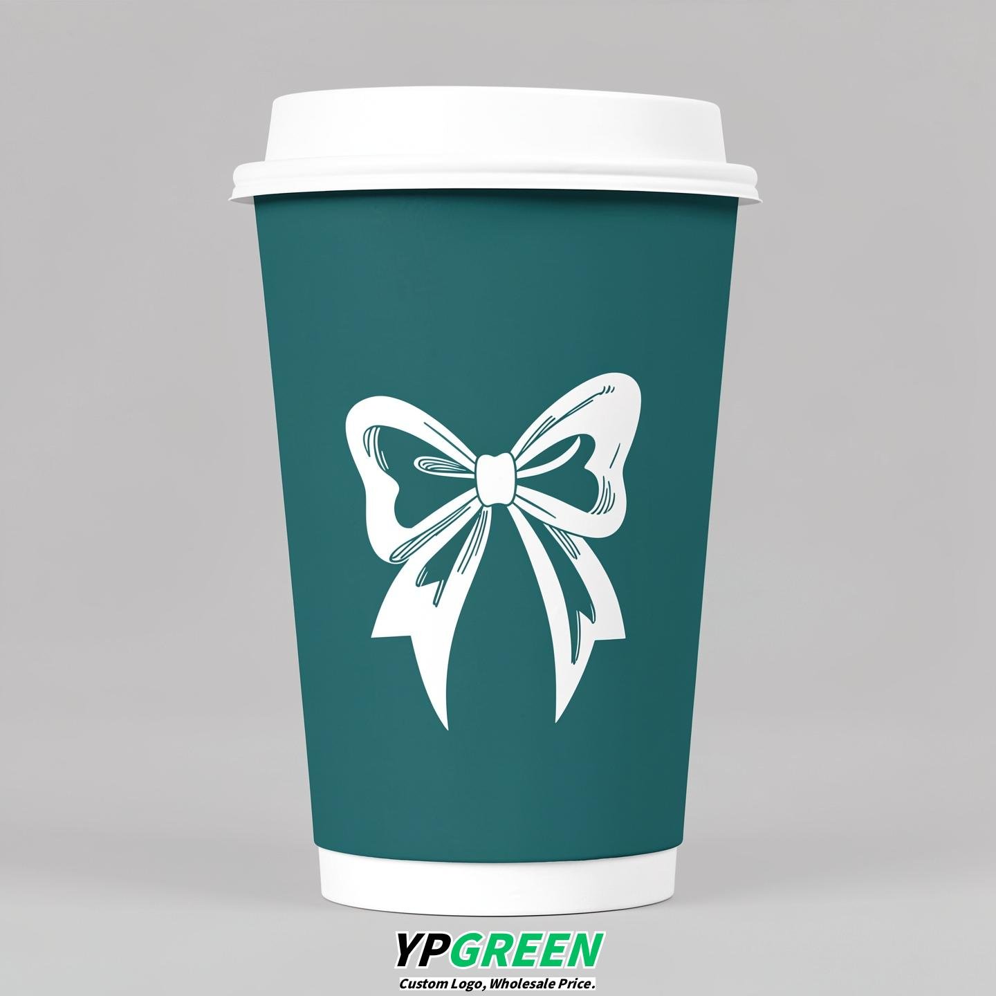 Teal Paper Cups with Bow Logo & Lids 8-24oz