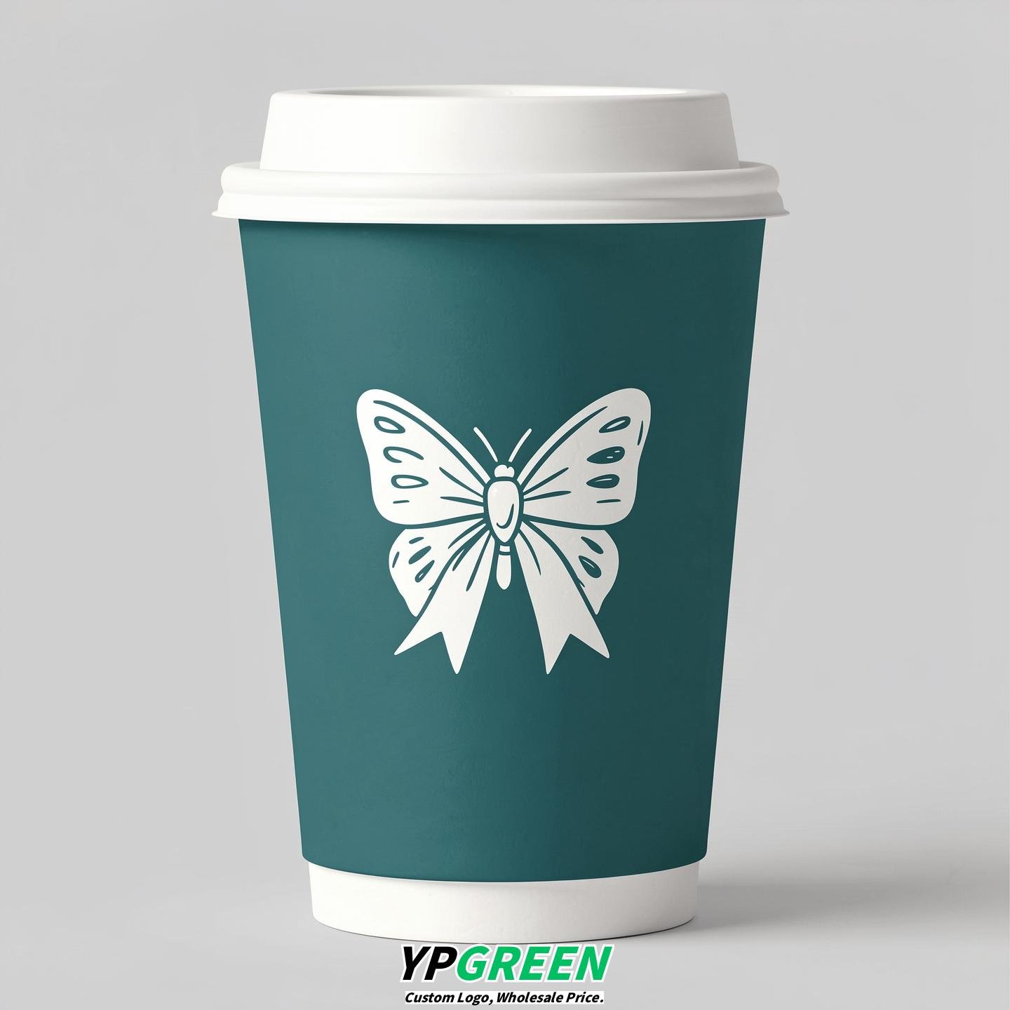 Teal Paper Cups with Bow Logo & Lids 8-24oz