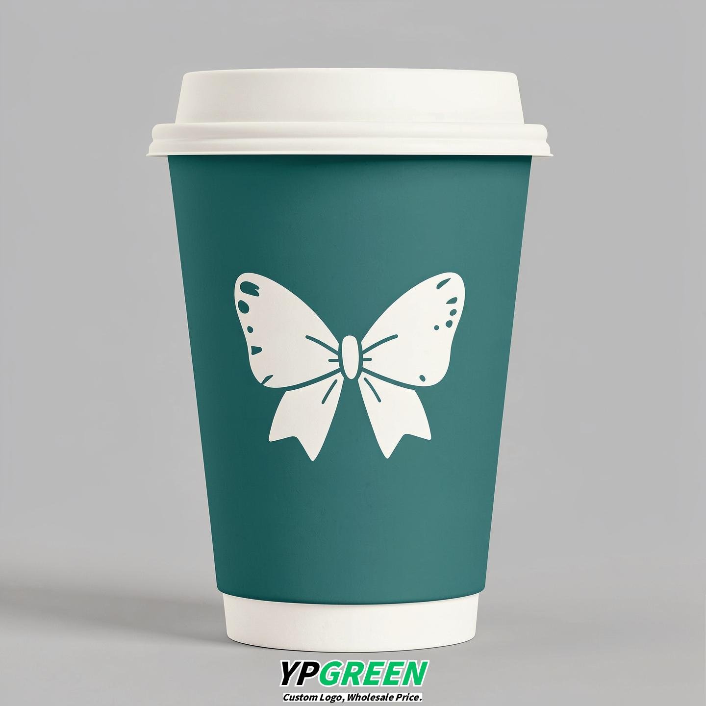 Teal Paper Cups with Bow Logo & Lids 8-24oz