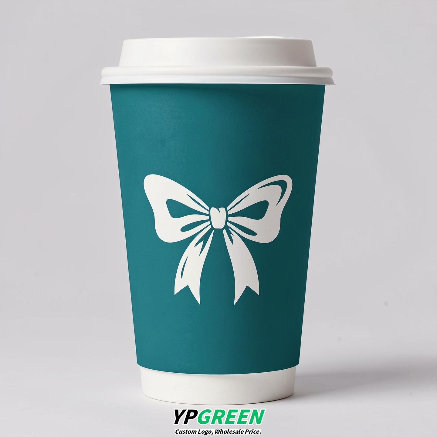Teal Paper Cups with Bow Logo & Lids 8-24oz