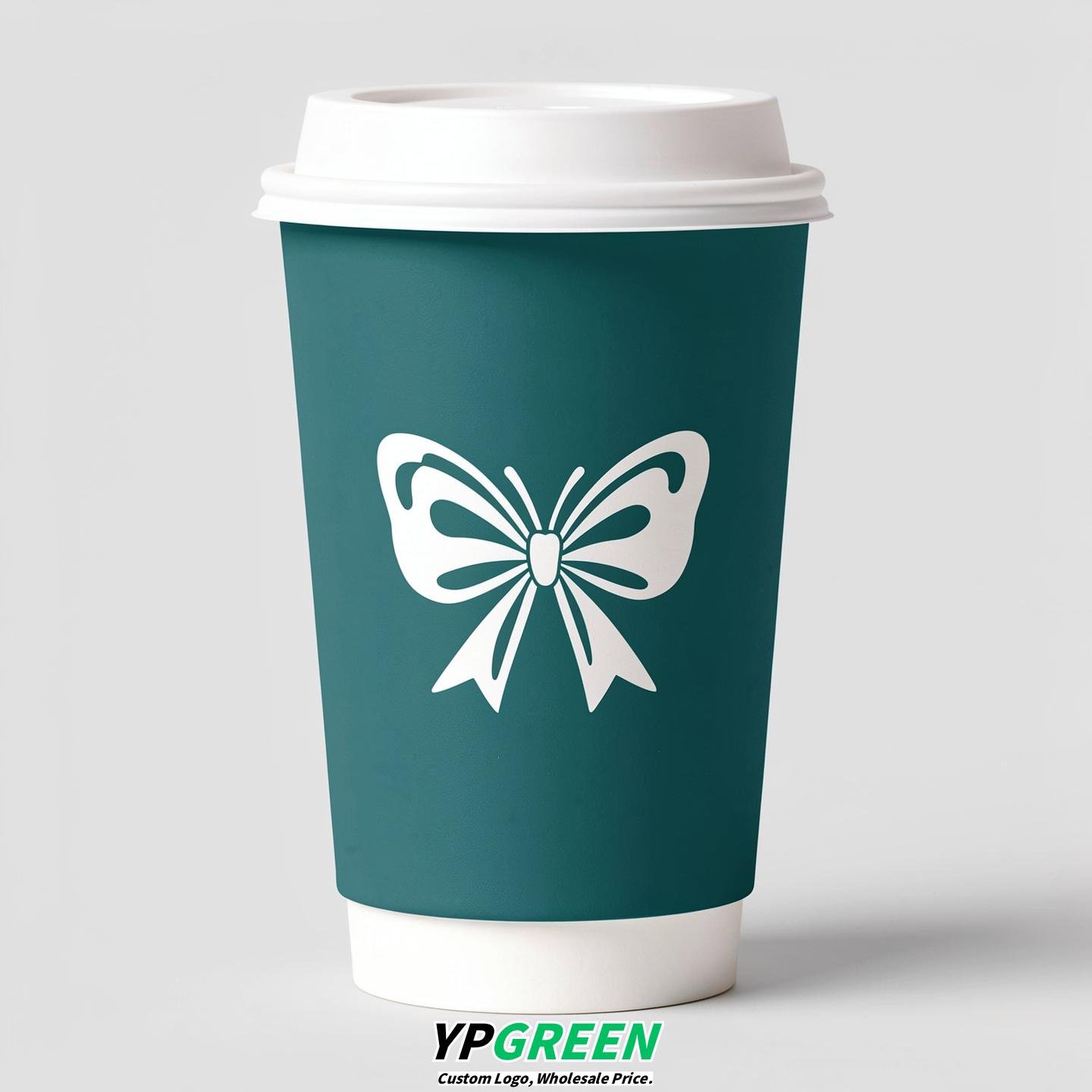Teal Paper Cups with Bow Logo & Lids 8-24oz