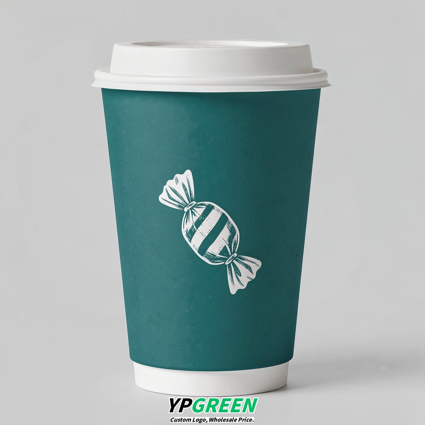 Teal Paper Cups with Candy Logo & Lids 8-24oz