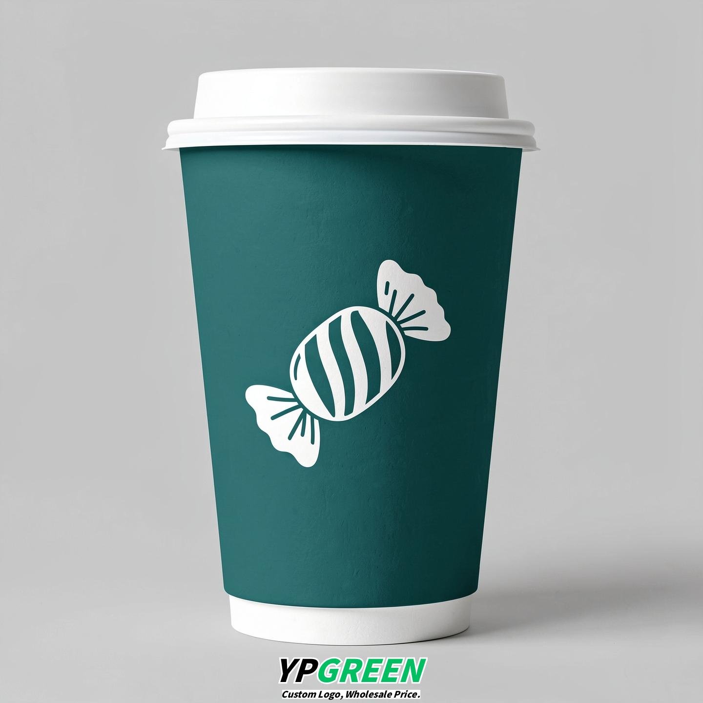 Teal Paper Cups with Candy Logo & Lids 8-24oz
