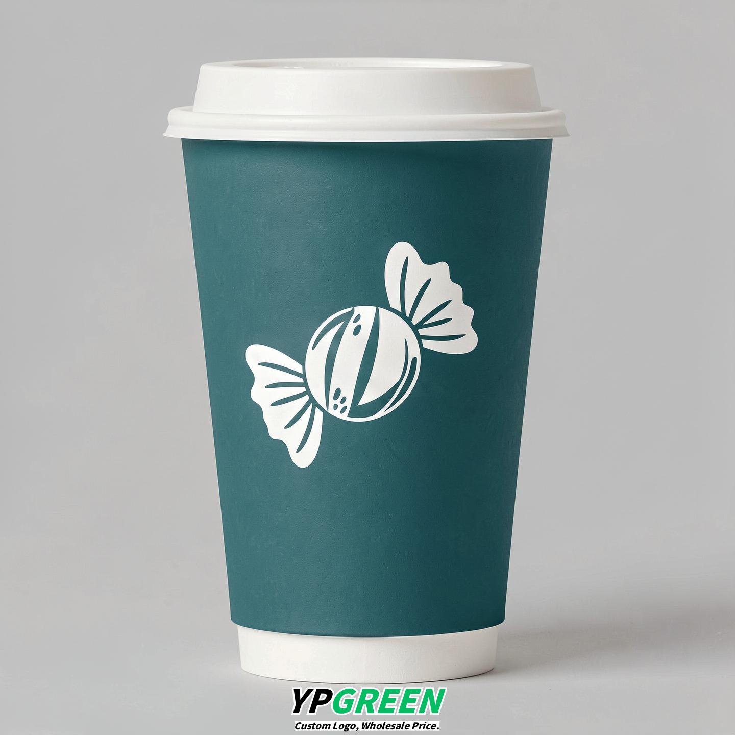 Teal Paper Cups with Candy Logo & Lids 8-24oz