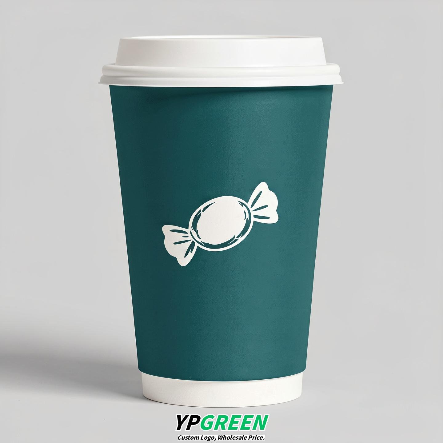 Teal Paper Cups with Candy Logo & Lids 8-24oz