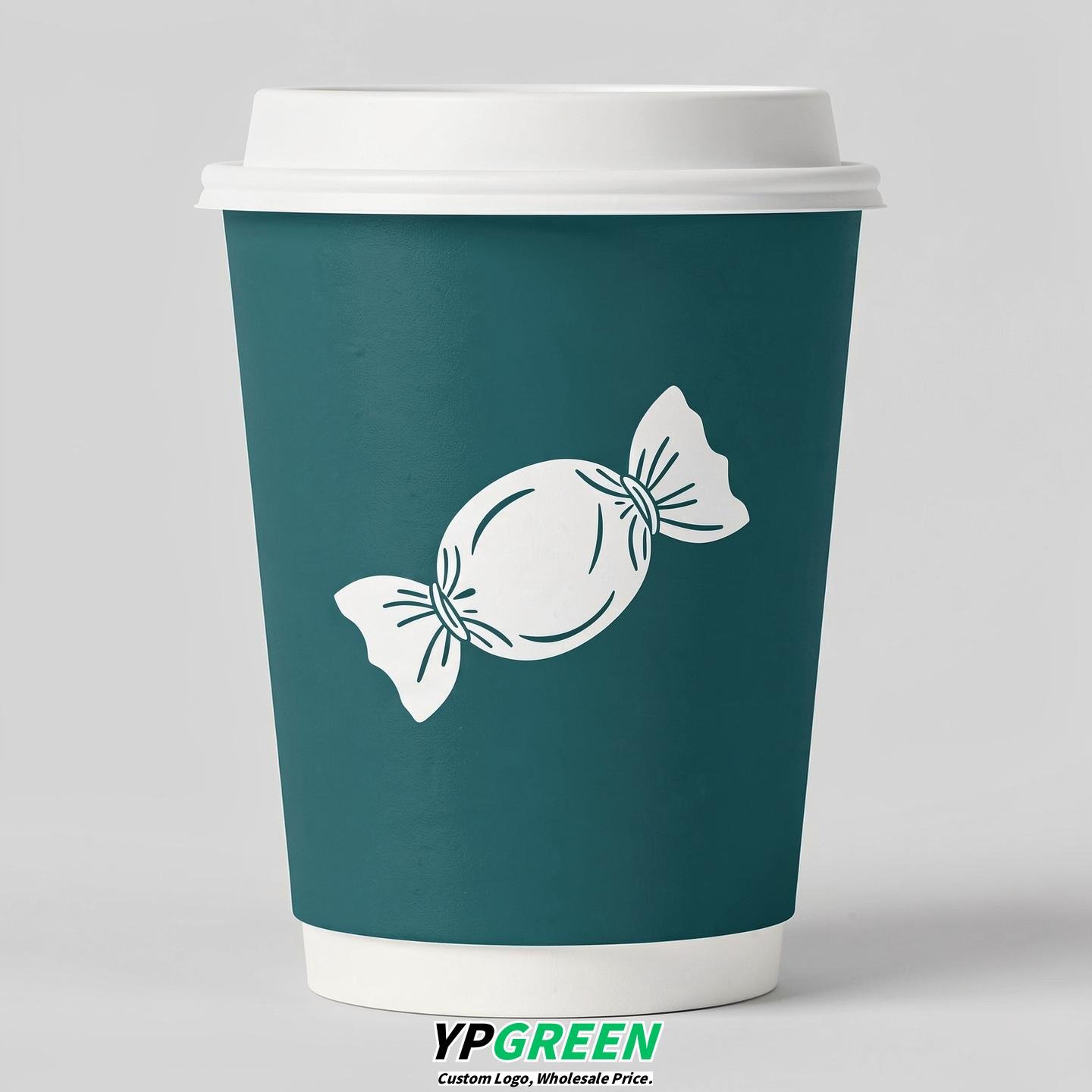 Teal Paper Cups with Candy Logo & Lids 8-24oz