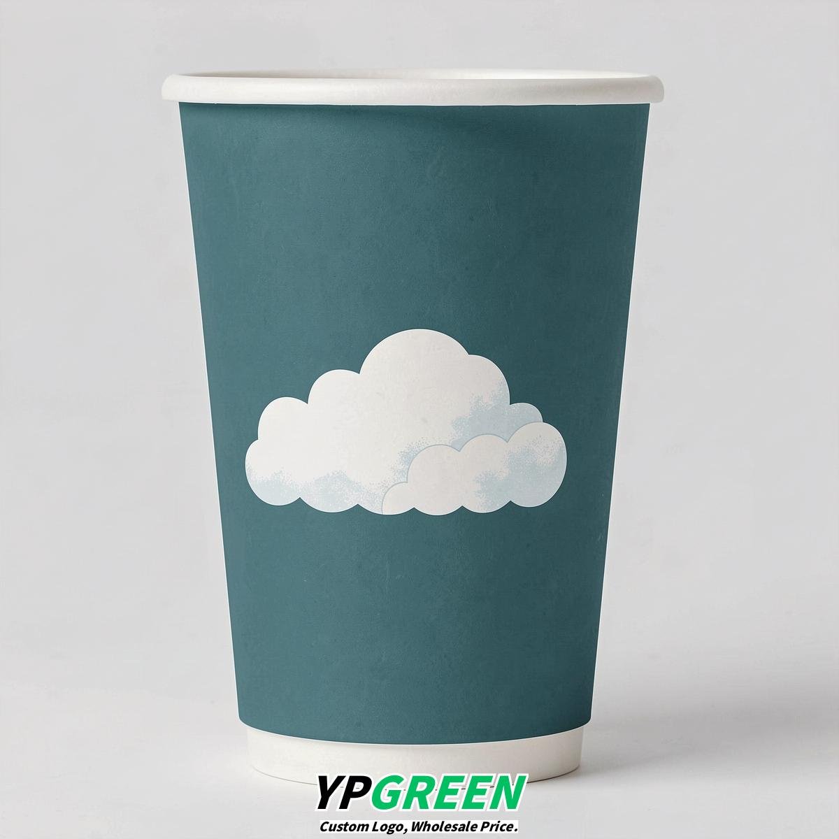 Teal Paper Cups with Clouds Logo & Lids 8-24oz