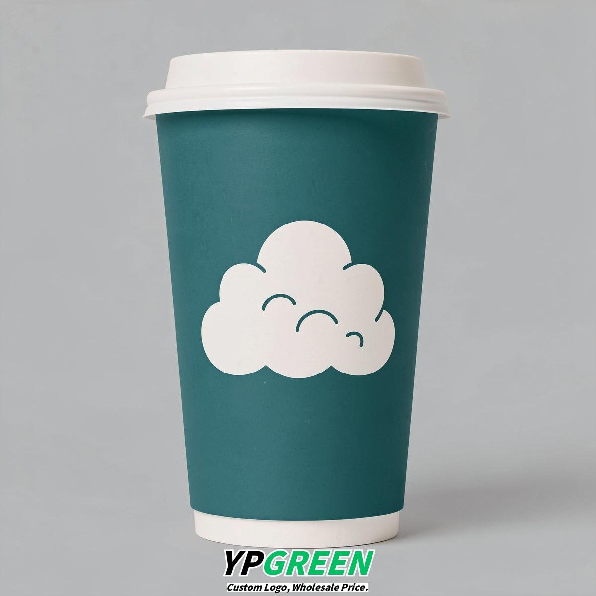 Teal Paper Cups with Clouds Logo & Lids 8-24oz