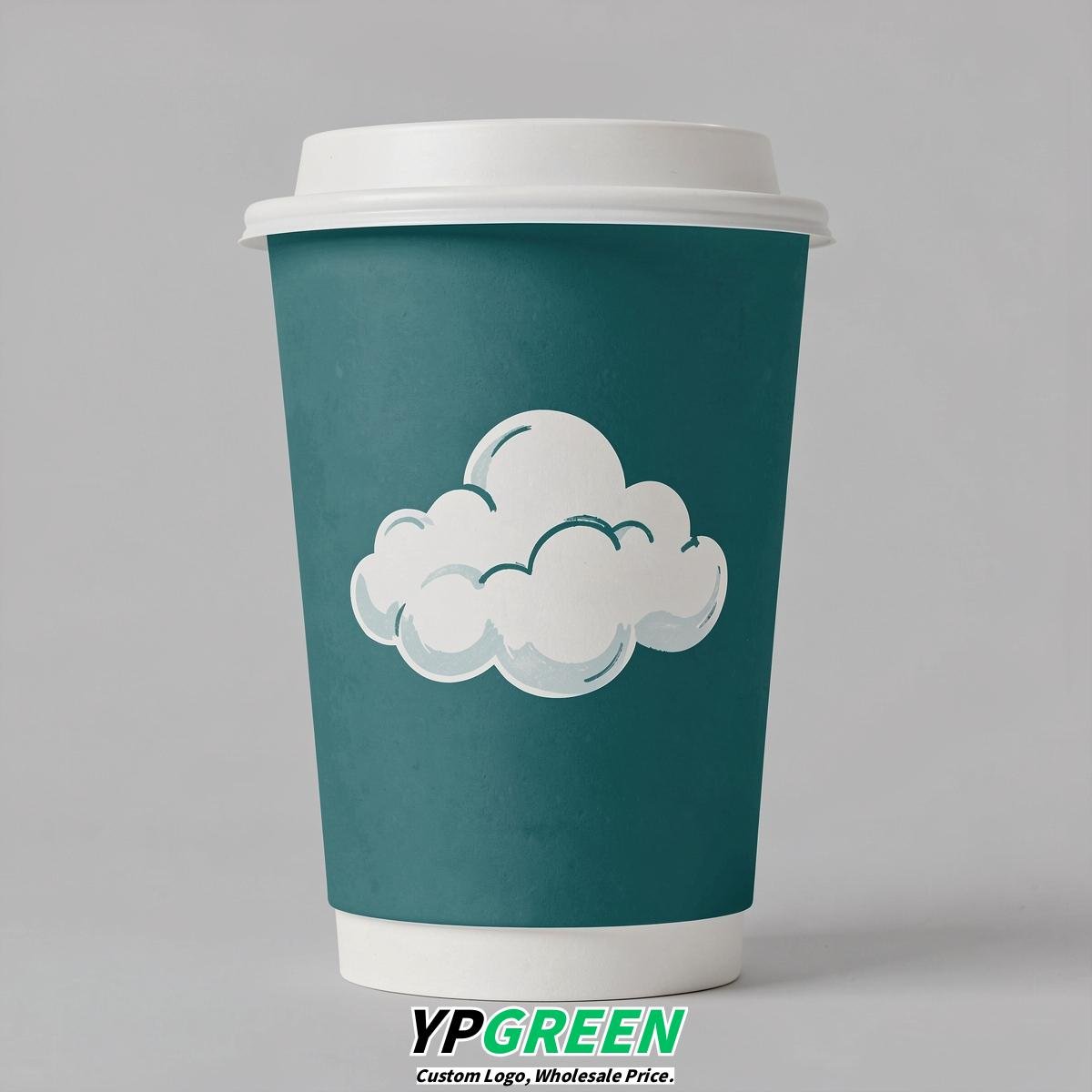 Teal Paper Cups with Clouds Logo & Lids 8-24oz