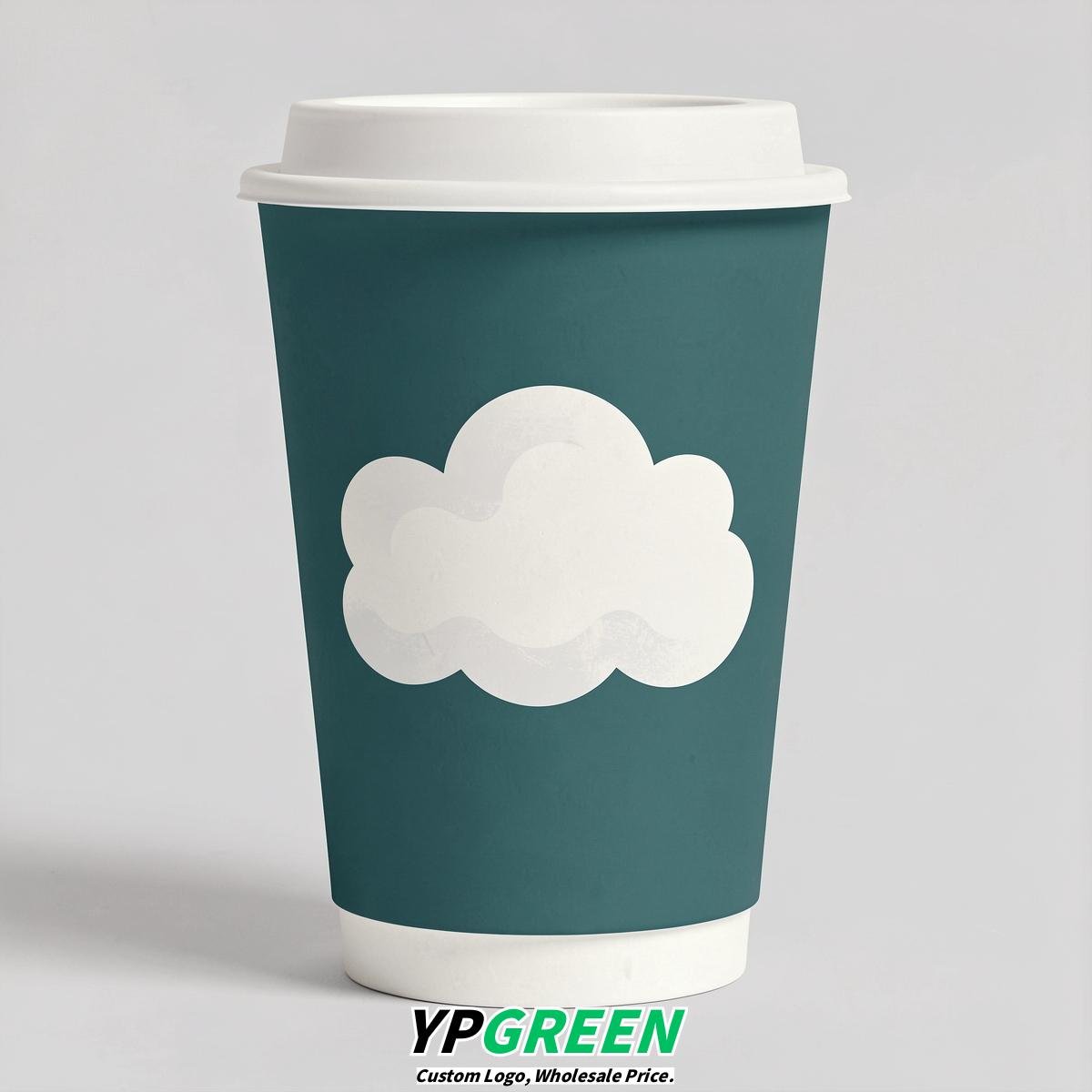 Teal Paper Cups with Clouds Logo & Lids 8-24oz