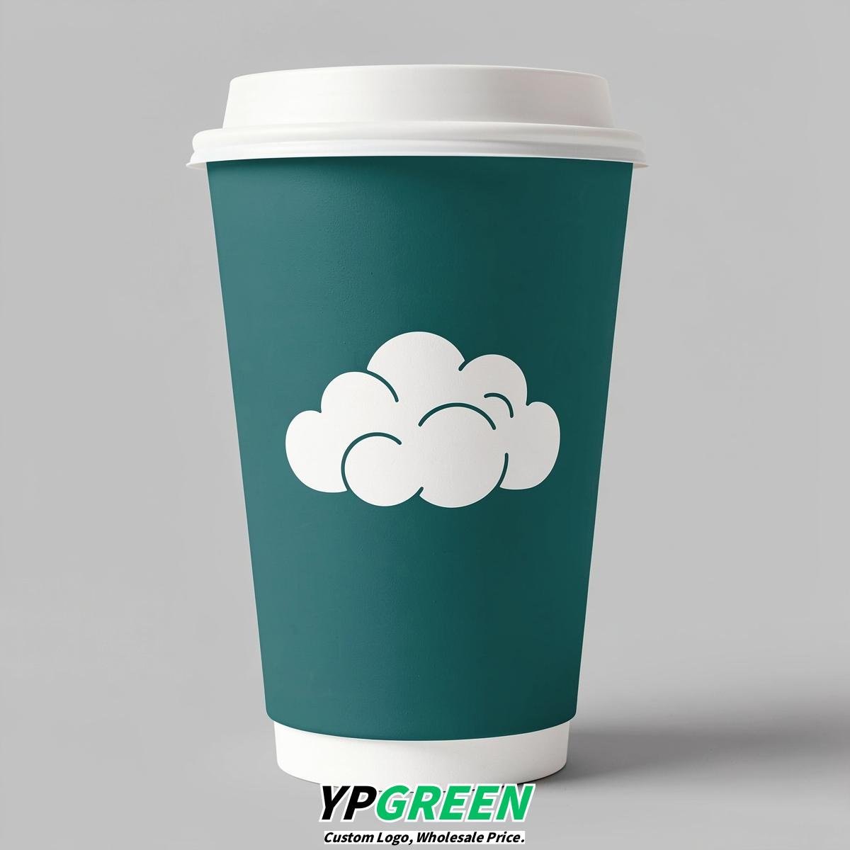 Teal Paper Cups with Clouds Logo & Lids 8-24oz