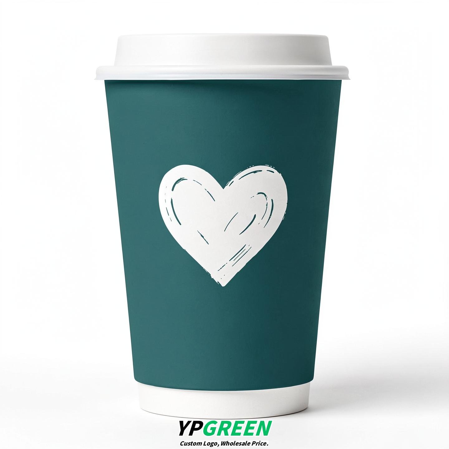 Teal Heart Paper Cups with Lids 8-24oz