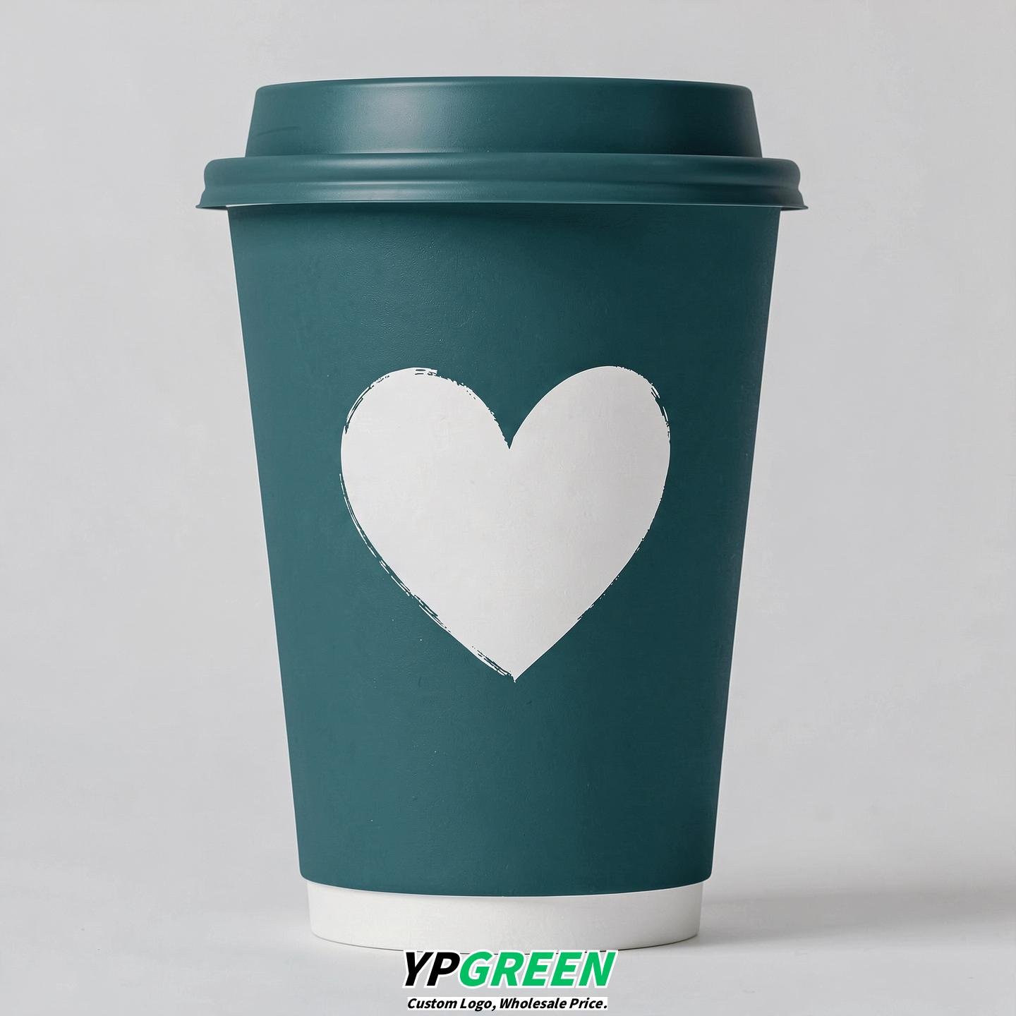 Teal Heart Paper Cups with Lids 8-24oz