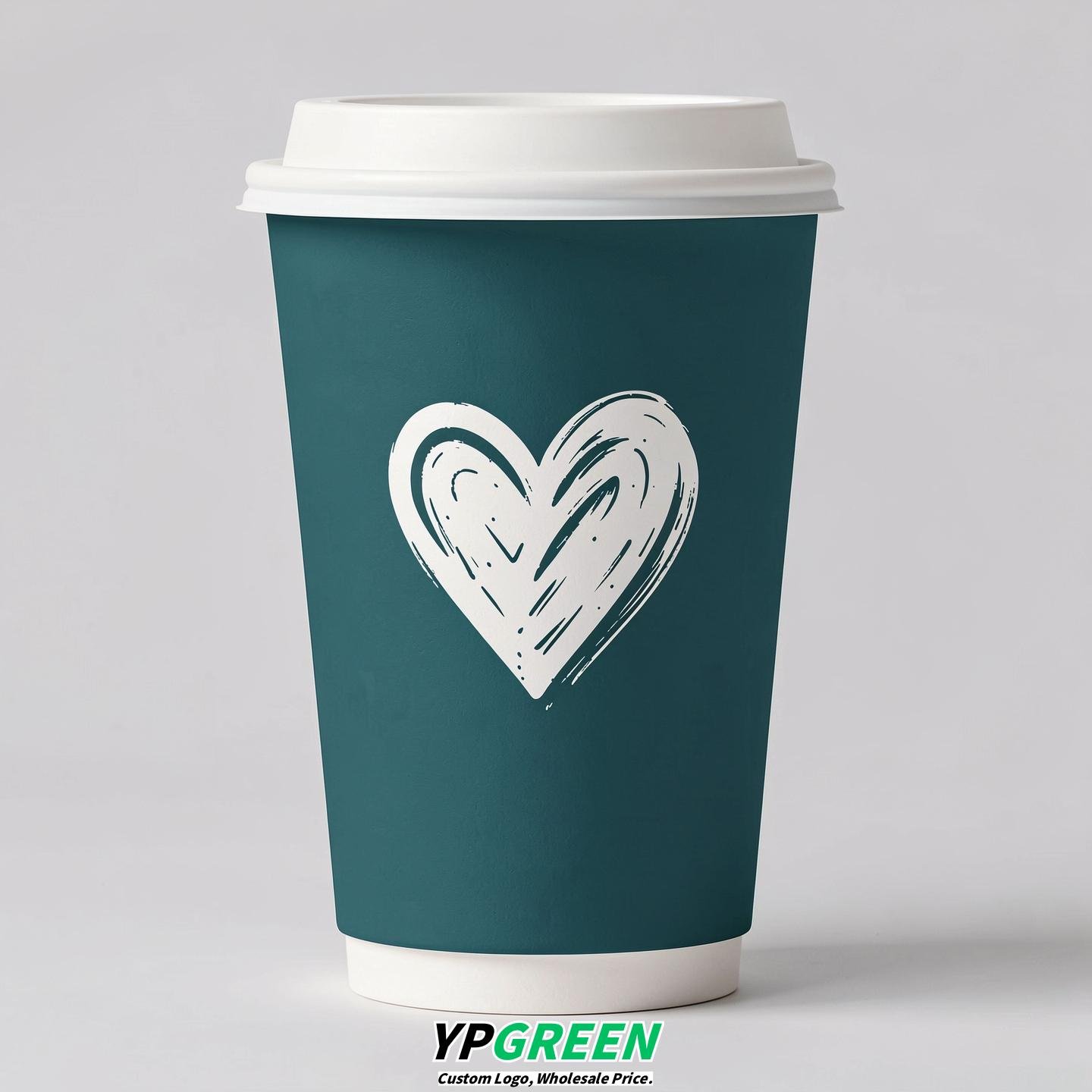 Teal Heart Paper Cups with Lids 8-24oz
