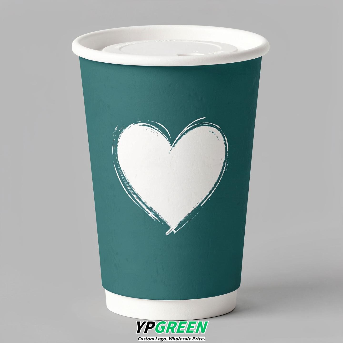 Teal Heart Paper Cups with Lids 8-24oz