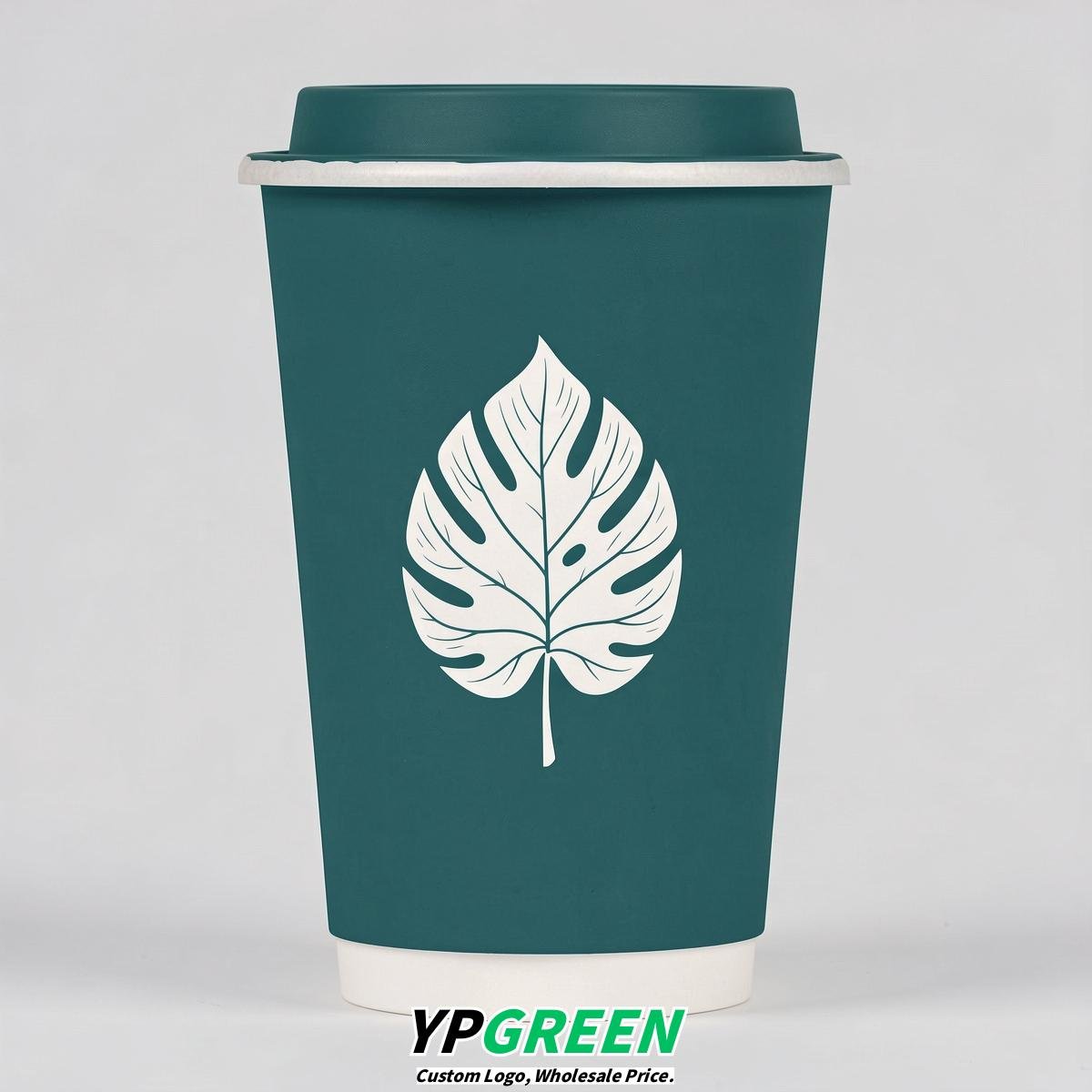 Teal Leaves Paper Cups with Lids 8-24oz